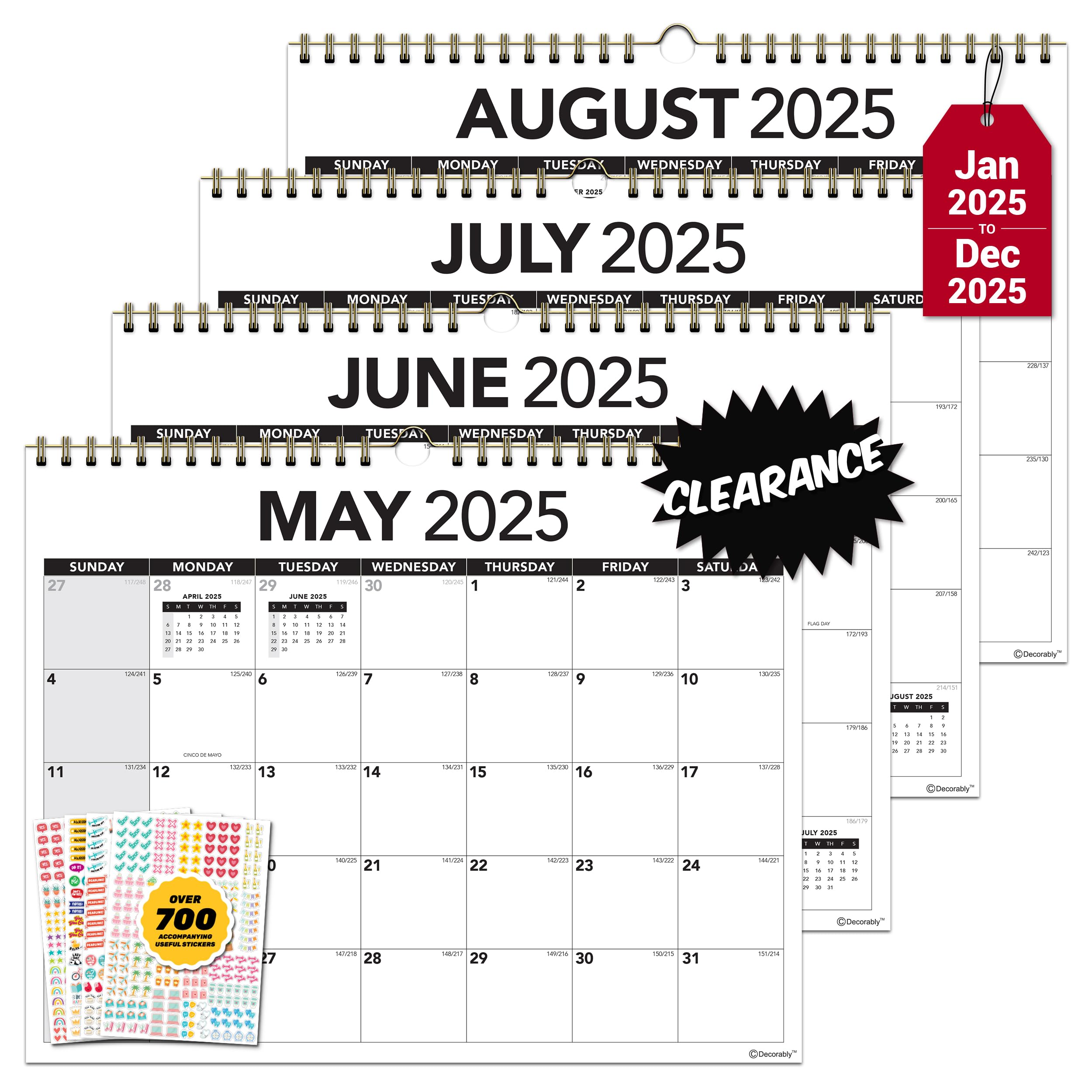 Decorably 12 Months Black and White 2025 Calendar Spiral Bound January to December 2025, 14.5x11.5in Spring-Bound Calendar with Notes Section and Stickers for Office and Home Planning and Organizing