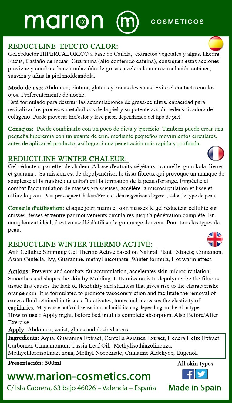 Anticelulítico Reductor Reductline WINTER Efecto Calor xxl - 500 ml, a base de Extractos Vegetales; Canela, Centella Asiática, Hiedra, Guaranina, Nicotináto de Metilo Todo Tipo de Piel.