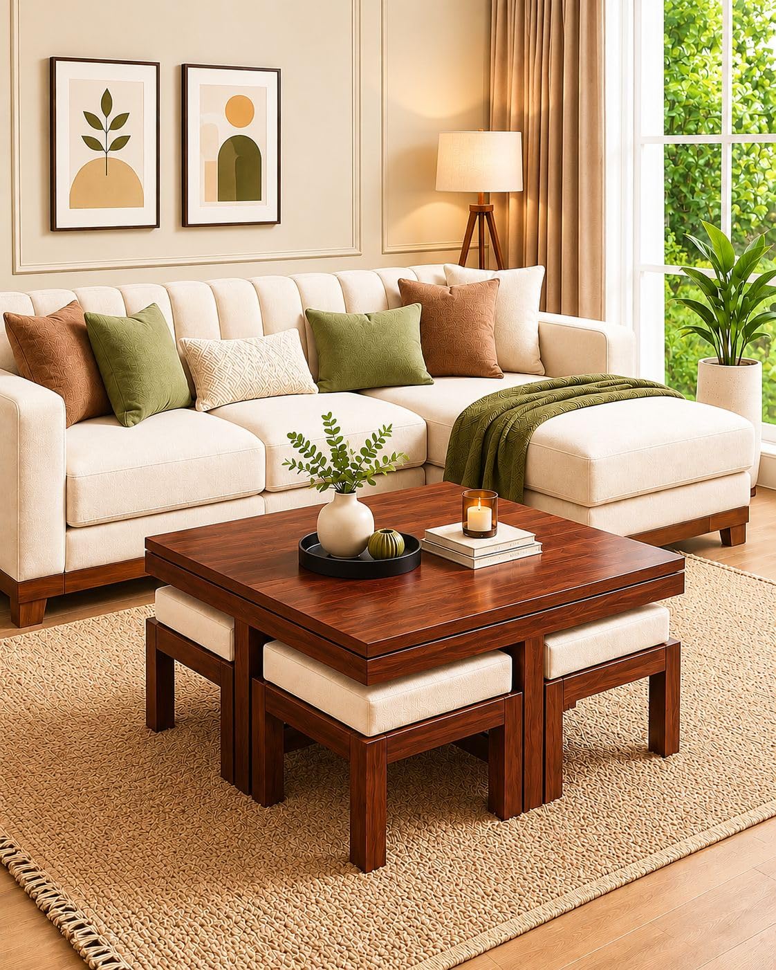 Aasaliya Art Solid Sheesham Wood Coffee Table With 4 Stool | Square Centre Table With Stool | Center Table With 4 Stools For Living Room | Patio Table With 4 Puffy For Home | Rosewood, Espresso Finish