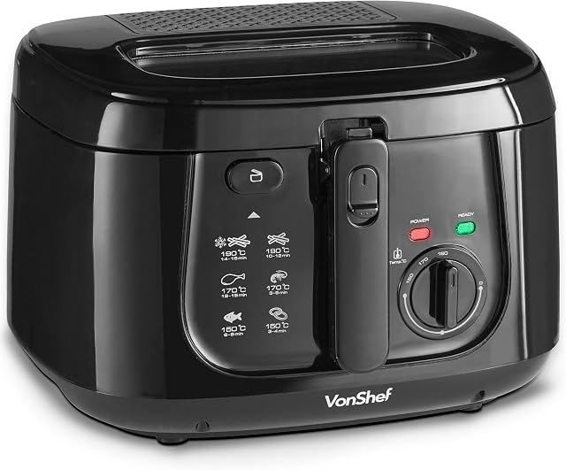 VonShef 2.5L Deep Fat Fryer with Observation Window, Adjustable Temperature Control & Removable Basket for Easy Cleaning  1800W, Black