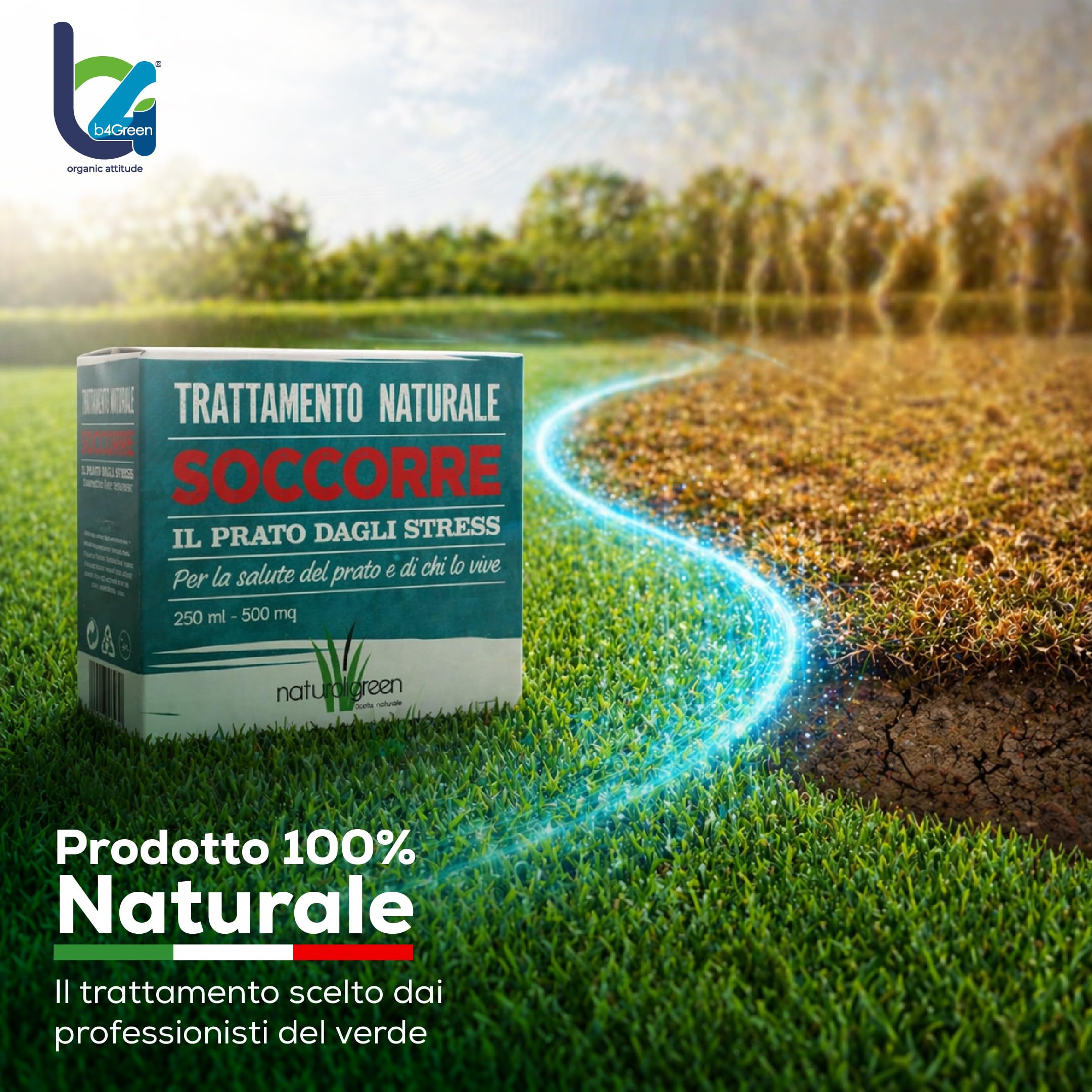 B4Green Soccorre (500m²) – Rinverdente Prato Estate, Biostimolante per Piante Naturale Liquido contro Ingiallimento e Stress da Caldo per Prato Verde e Resistente 250ml