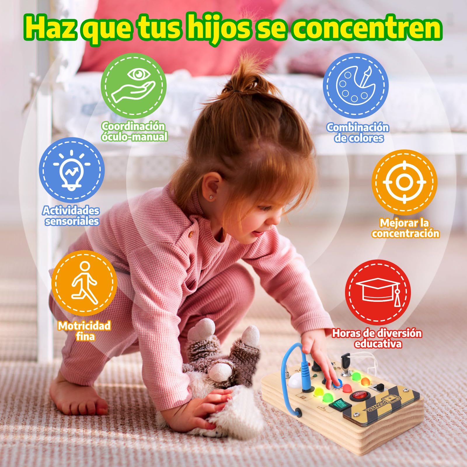 Hoarosall Montessori Busy Board de Madera con Interruptor Luminoso LED Juegos Montessori Juguete Niño Bebe 1 2 3 años Regalo Niño Juegos Educativos Juguetes de Viaje para Niños