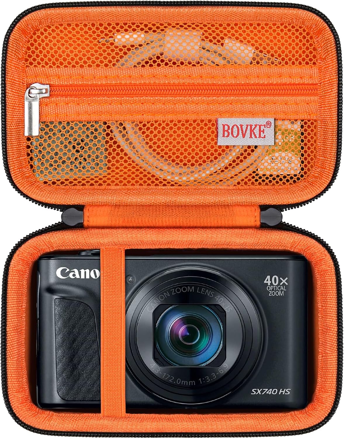 BOVKE Camera Case for Canon PowerShot SX740 / SX730 / G7 X Mark III / G7X Mark II / V1 Digital Camera, Hard Protective Holder Travel Storage Bag, Pocket fits Cable, Batteries, SD Card, Black+Orange