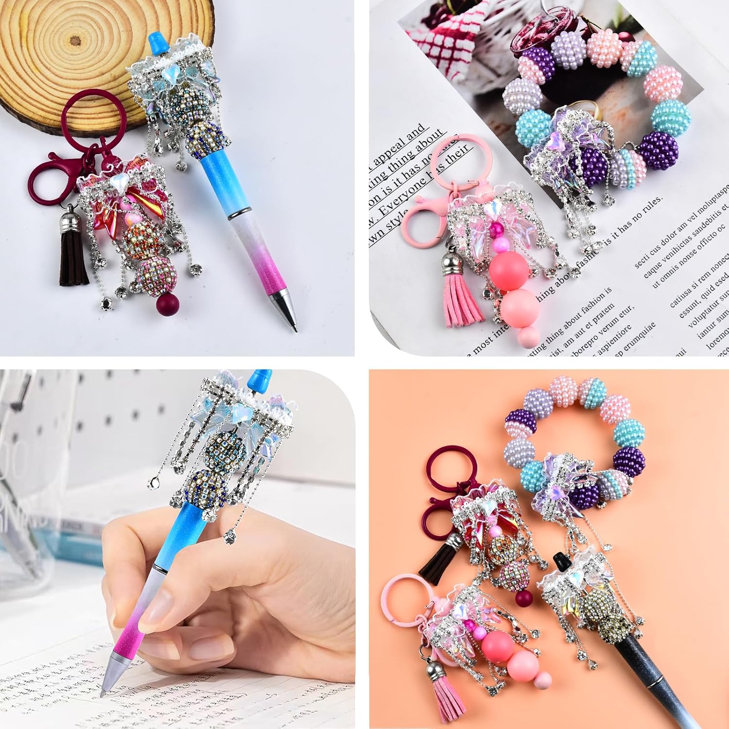 6Pcs White Lace Bow Rhinestone Acrylic Tassel Focal Beads for Pens Colorful 3D Bow Spacer Beads for DIY Craft Beadable Pens Jewelry Bracelet Necklace Earrings Keychain Making - Image 6