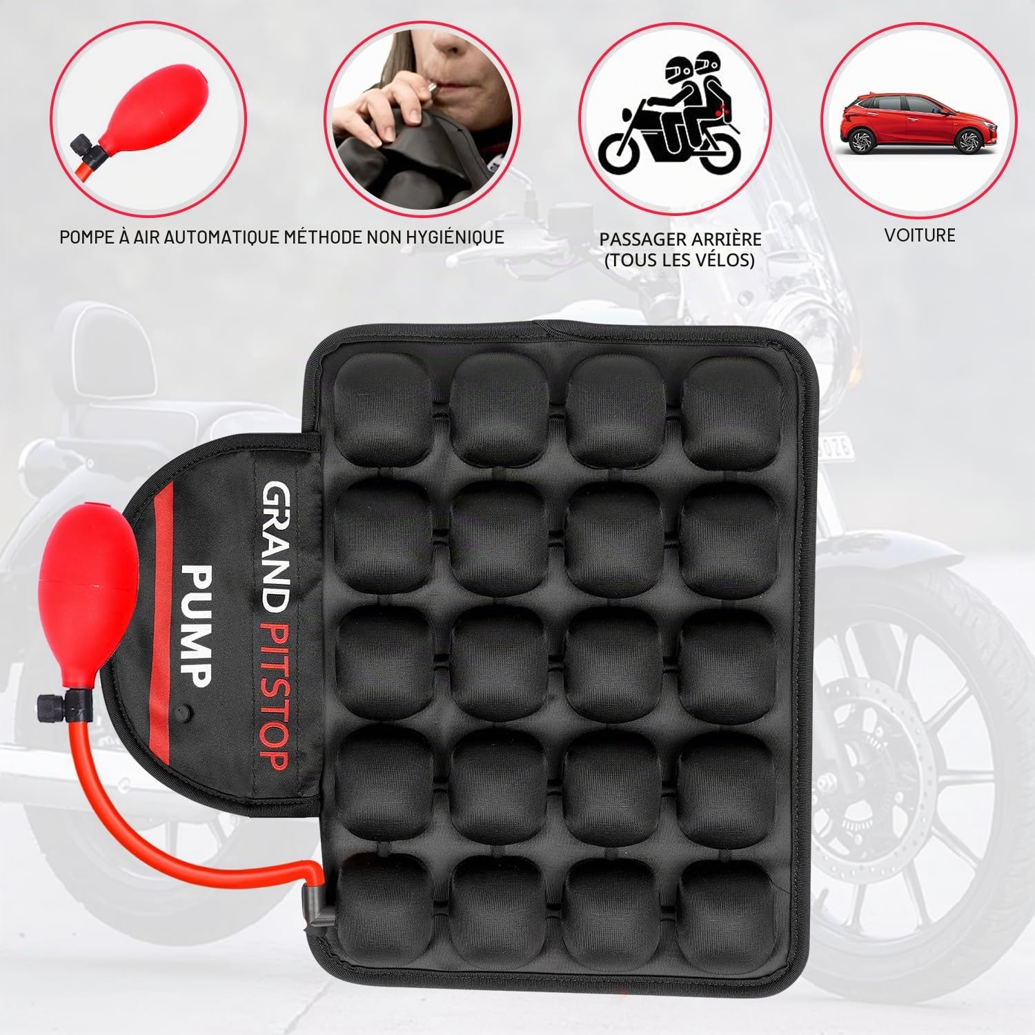 GRAND PITSTOP Coussin de siège gonflable de moto avec pompe de remplissage d'air, coussins d'air gonflables à bulles avec housse en maille respirante et fond antidérapant, compatible avec siège