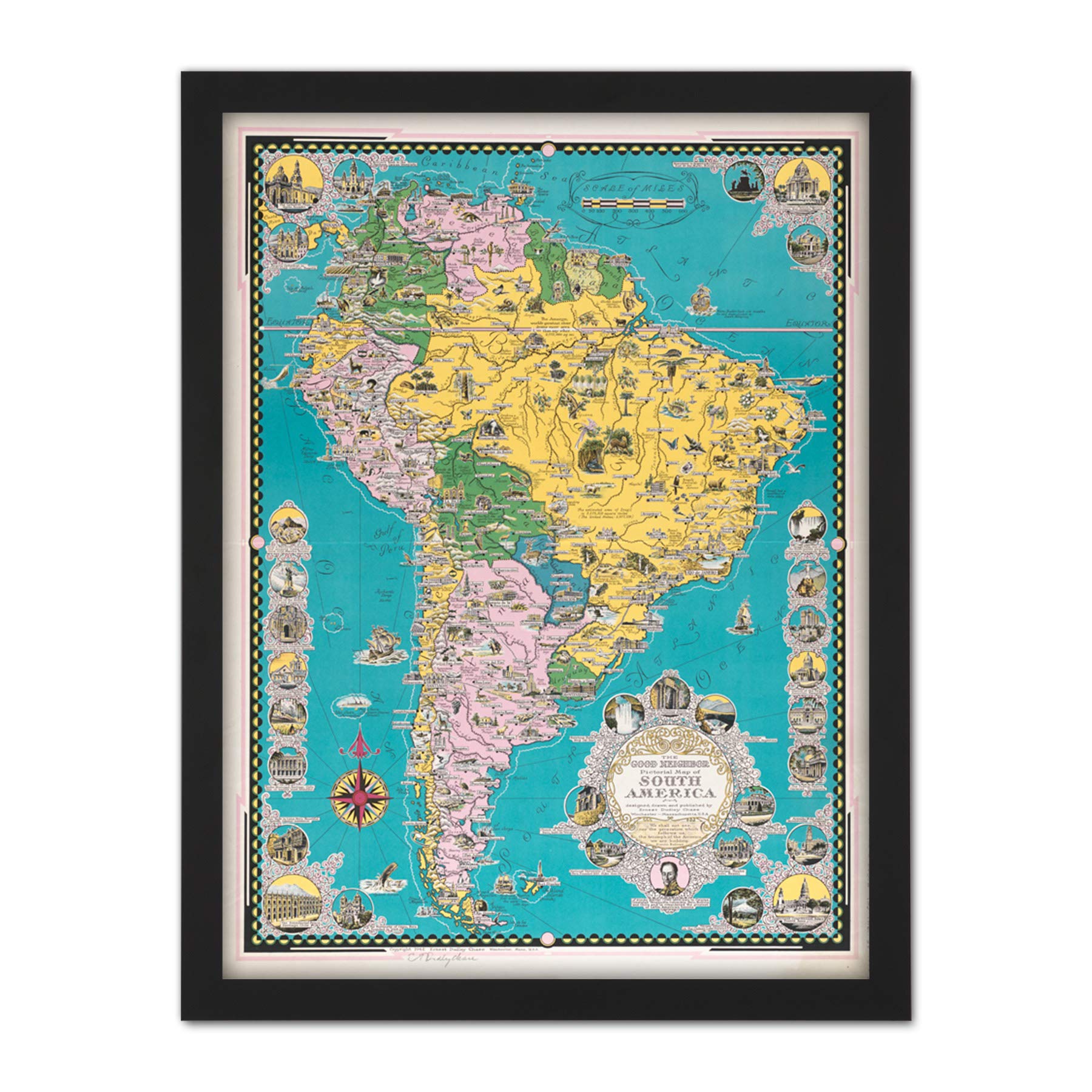 Chase 1942 Pictorial Map South America Buildings Large Framed Art Print Poster Wall Decor 18x24 in