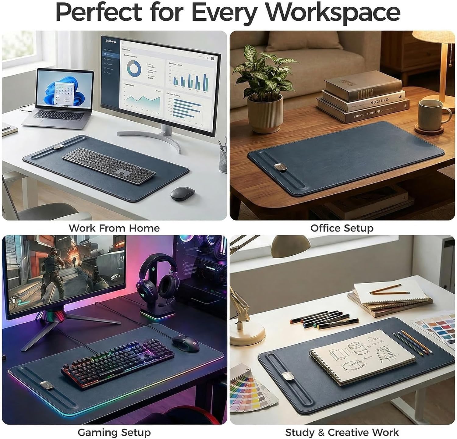 Desk Mat – Double-Sided Vegan Leather & Felt | Built-In Magnetic Cable Organizer & File Storage | Premium Workspace Pad for Office, Gaming & Creative Professionals-（Green）