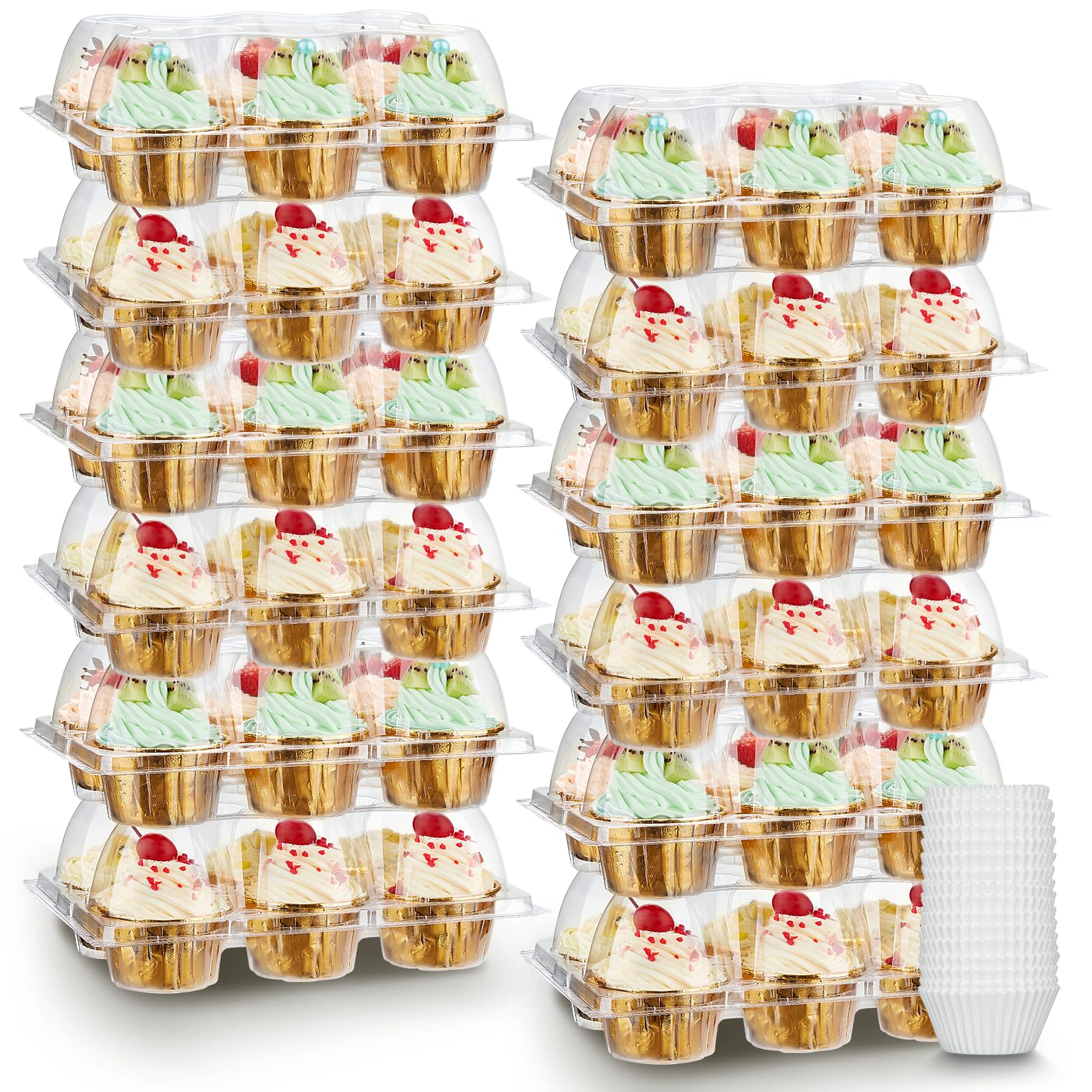 (6 Count x 40 Sets) Stackable Cupcake Containers with 240 Pack Liners, Plastic Cupcakes Boxes Holders for 6 cakes, High Tall Dome Lid Cupcakes Carrier, Clear Cupcake Trays/Containers/Holders