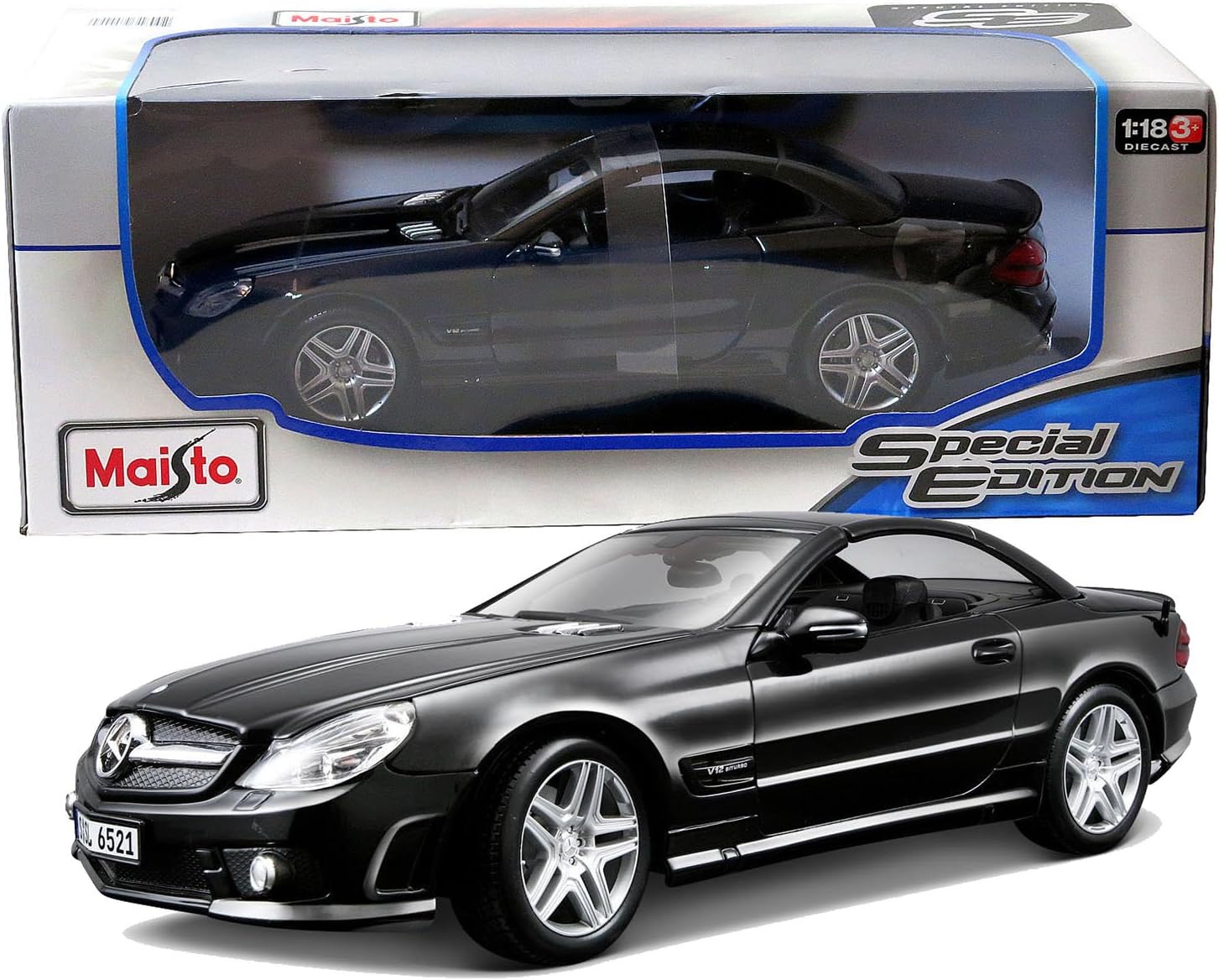 Maisto Year 2014 Special Edition Series 1:18 Scale Die Cast Car Set - Black Color Roadster MERCEDES-BENZ SL65 AMG with Display Base (Car Dimension: 9" x 3-1/2" x 3")