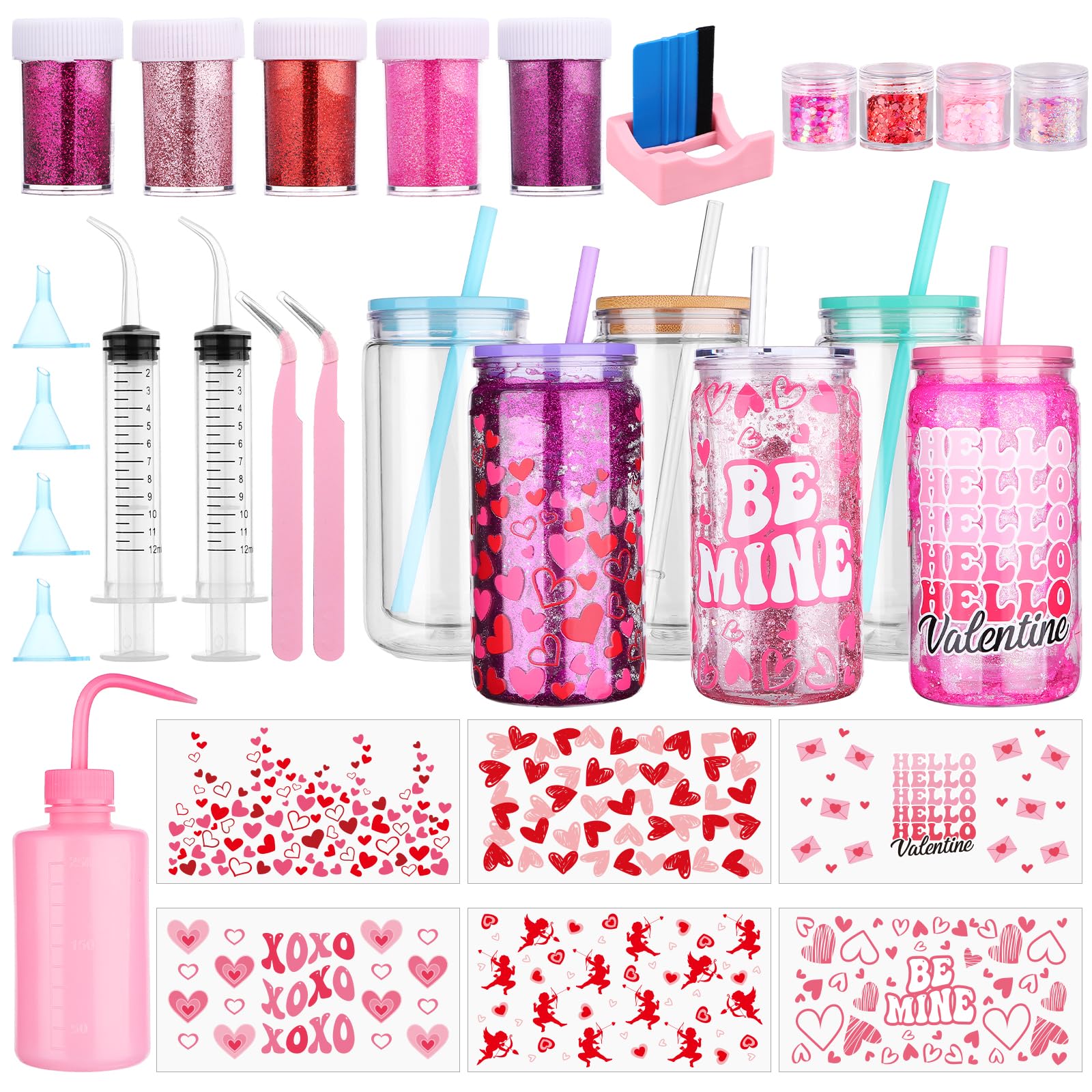 HCEWSBFD 33 Pcs Valentine's Day Globe Tumbler Supplies-16 oz Plastic Snowglobe Cups Squeeze Bottle Bent Spout Syringe Tweezers Funnels Powder Scraper