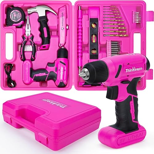 Juego de herramientas rosas de 64 piezas con taladro inalámbrico, taladro eléctrico de 8 V y kit de herramientas rosa para mujeres, kit de