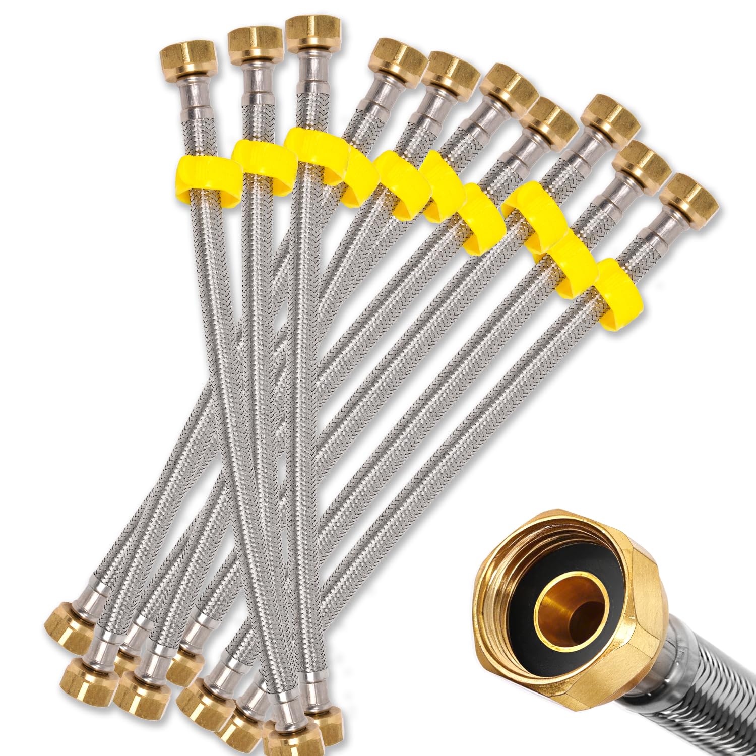 Photo 1 of [10-Pack] 12 Inch Faucet Supply Line, Solid Brass Connectors, 1/2" FIP x 1/2" FIP NPT, Braided Stainless Steel Water Hose Connector for Bathroom Kitchen Sink, Commercial Grade Bulk Contractor Pack