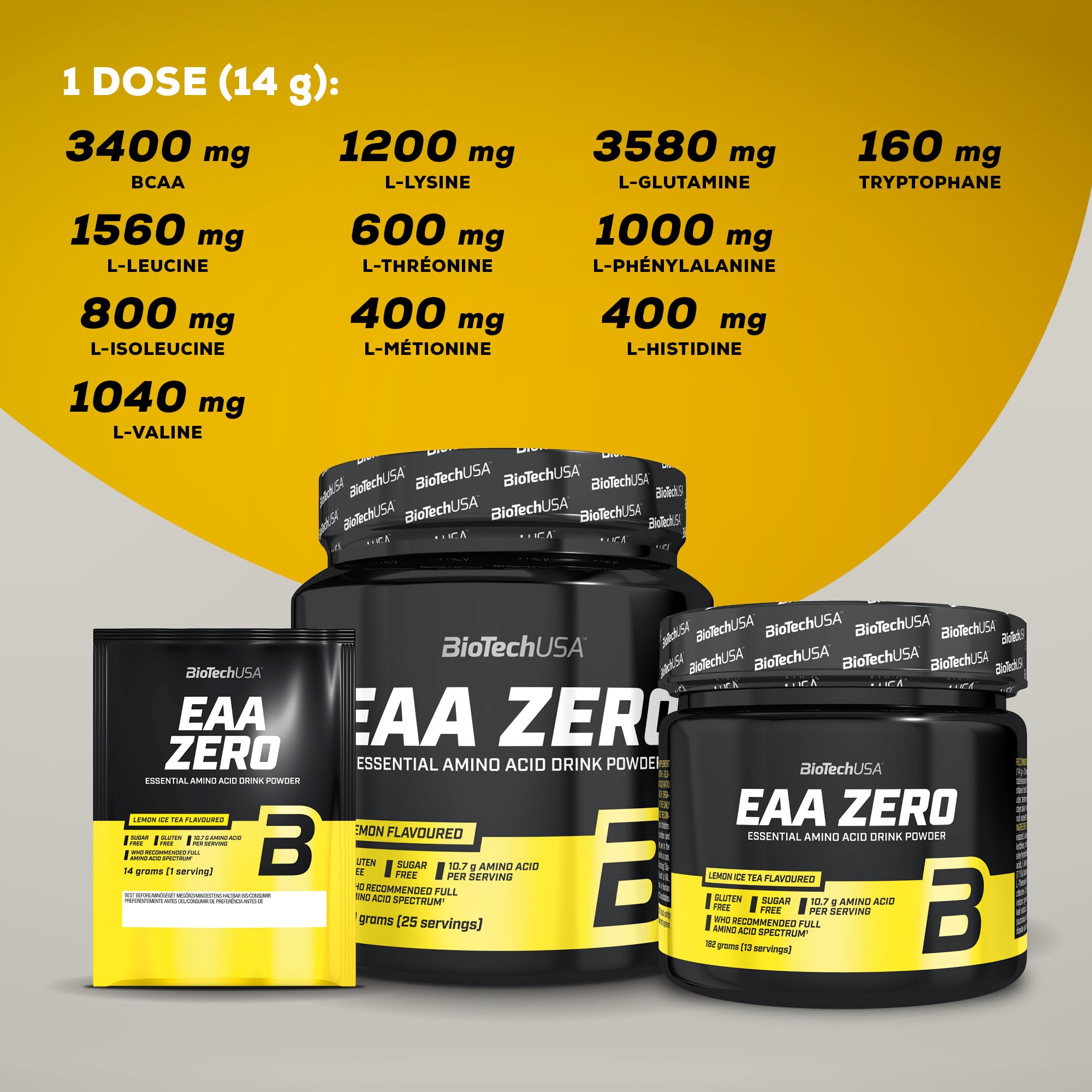 BioTechUSA EAA Zero | Acides aminés essentiels | 7160mg EAA/portion | Ratio recommandé par l'OMS | Sans sucre, sans gluten, 350g, Orange-Mangue