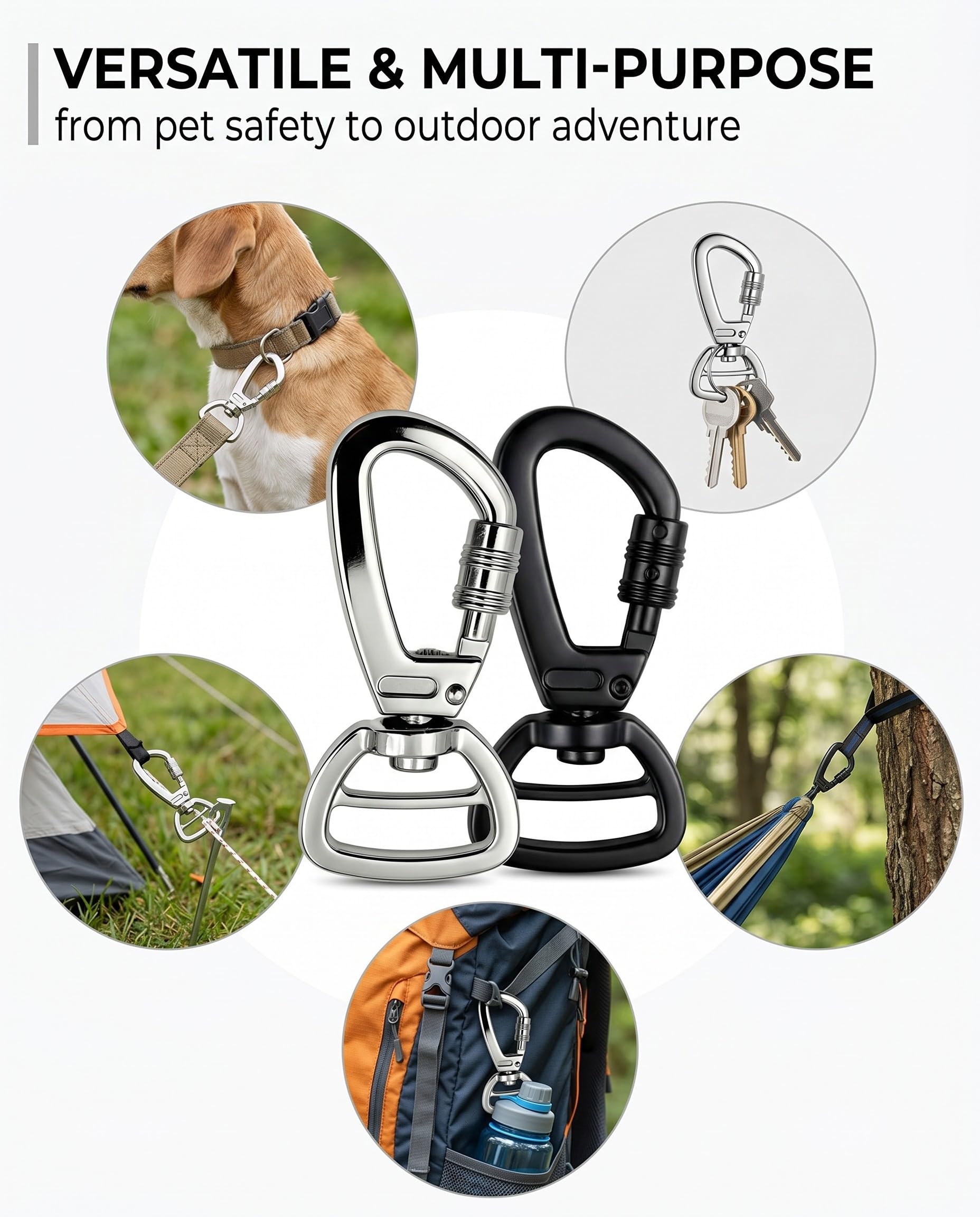 2 Pezzi Moschettone Girevole per Cane Guinzaglio e Chiavi Carabiner con Chiusura di Sicurezza a 360° Rotante Gancio Metallico Resistente per Collare Zaino e Attrezzatura Outdoor