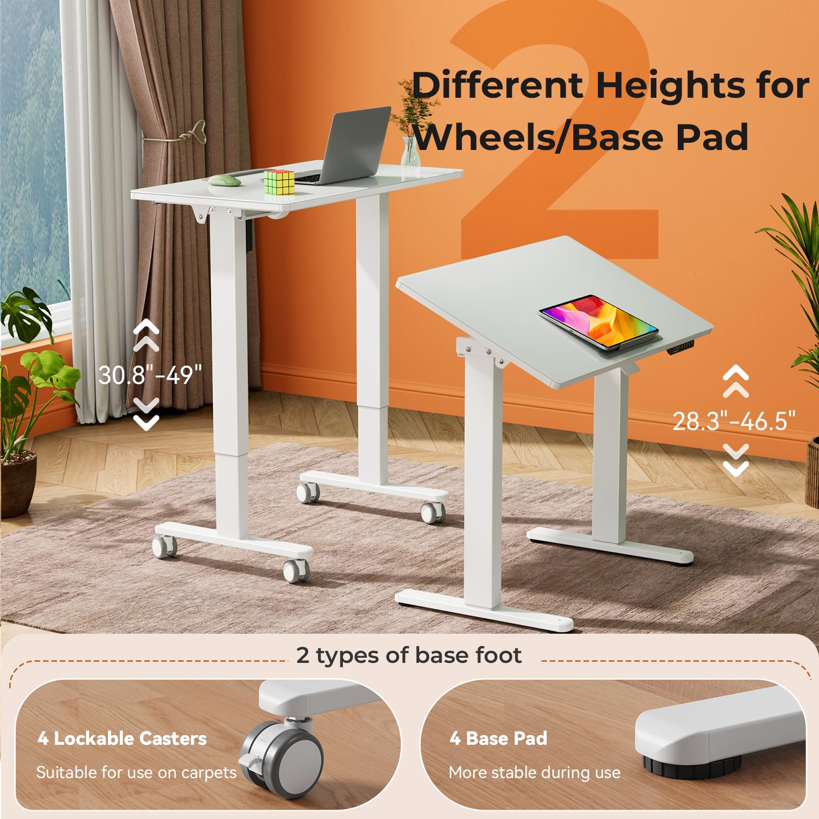 35inch Glass Standing Desk 90 Tiltable Mobile Rising Desk Height Adjustable Whole Piece Rolling Drafting DrawingTable with Wheels — view 3