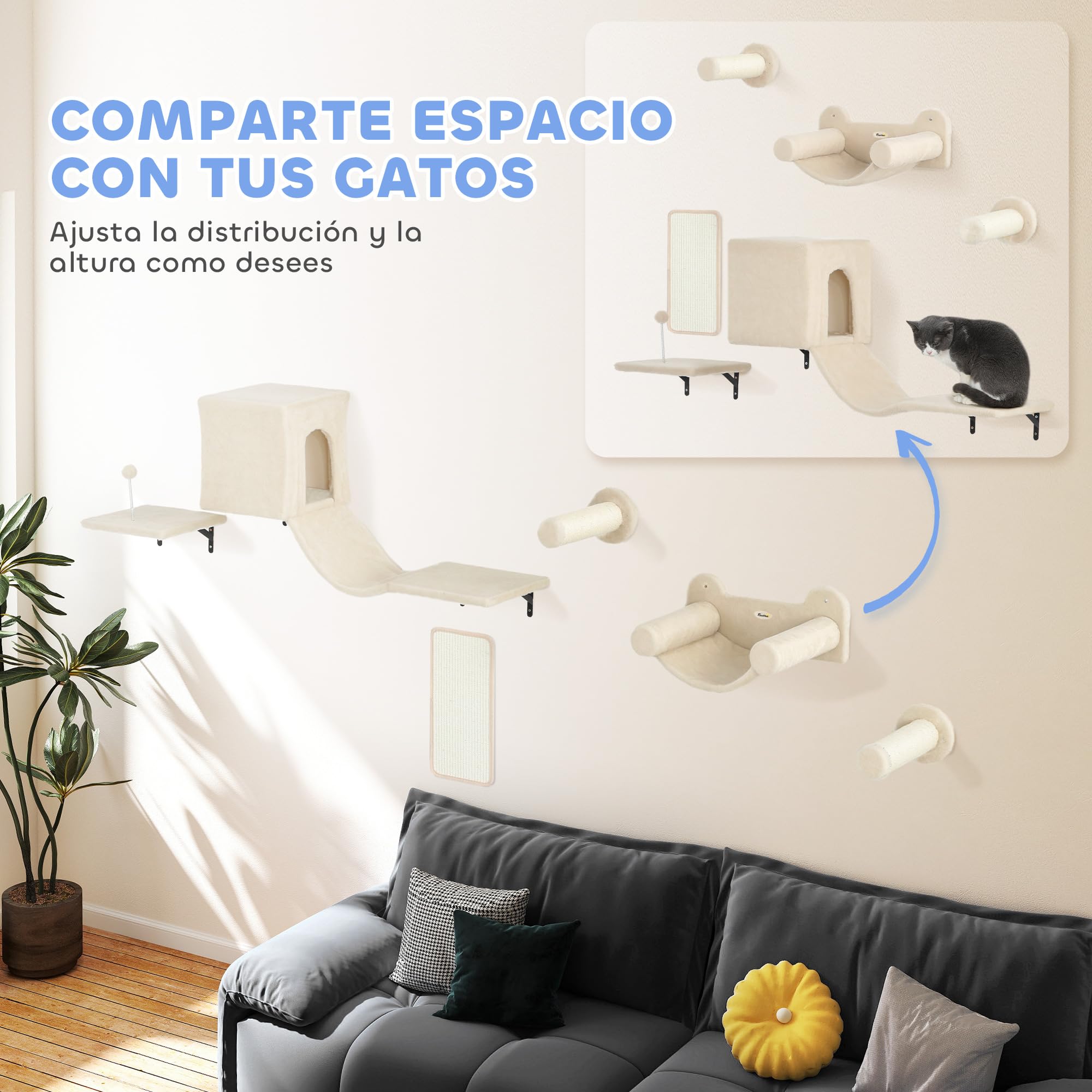 PawHut Juego de Pared de Escalada para Gatos Condominio 6 Piezas Beige | Estanterías para Gatos, Plataforma, Hamaca, Escaleras, Percha, Tabla Rascador, Poste de Sisal, Bola de Juguete