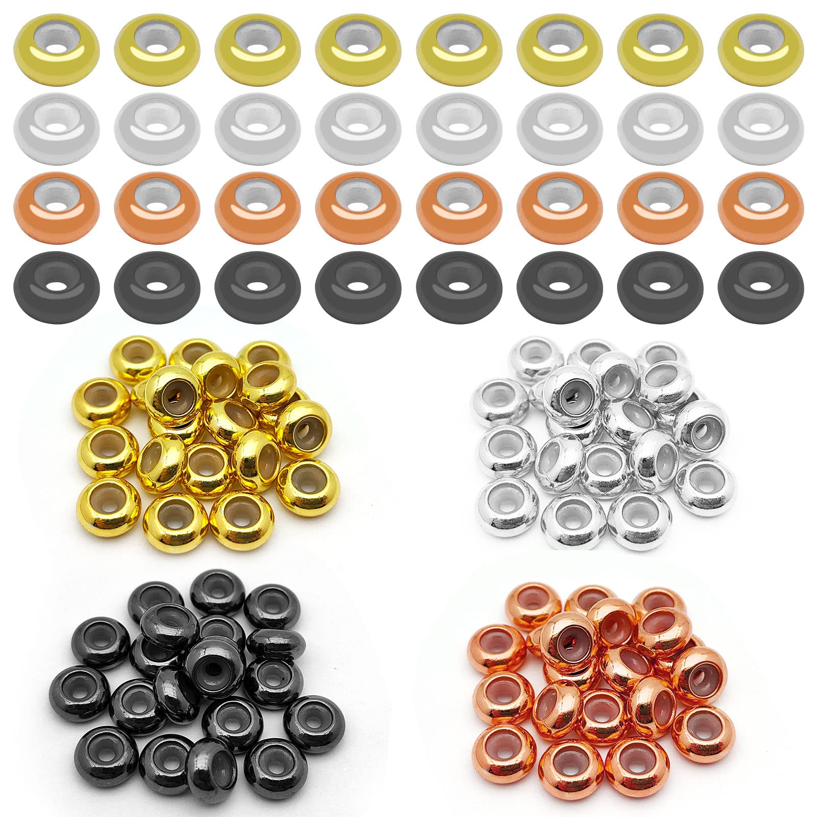 80 Stück 8 mm Stopperperlen mit Gummi innen, flache, runde Rondelle-Abstandsperlen, verstellbare Schieberverschlüsse, runde Perlen, Schmuckherstellung (2 mm Loch, 4 Farben)