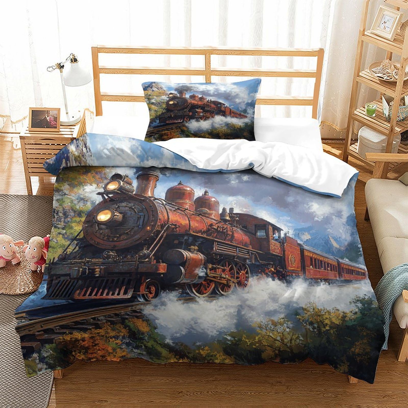 YYVKPMLXC Steam Train Duvet Cover, Bedding Set Vintage Mountain 3D Pattern Soft Microfiber Quilt Cover 2 Piece, Comforter Cover with Zipper Closure for Kids Teens Adults Bedding Single（135x200cm）