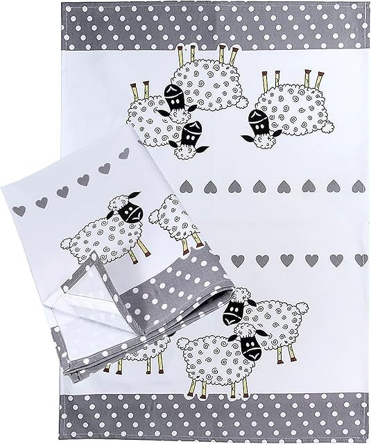 SPOTTED DOG GIFT COMPANY Happy Sheep Tea Towels Pack of 2-50 x 70 cm Large Tea Towels - 100% Cotton - Tea Towels With Hanging Loop - Cute Sheep Farmhouse Themed - Gifts For Animal Lovers