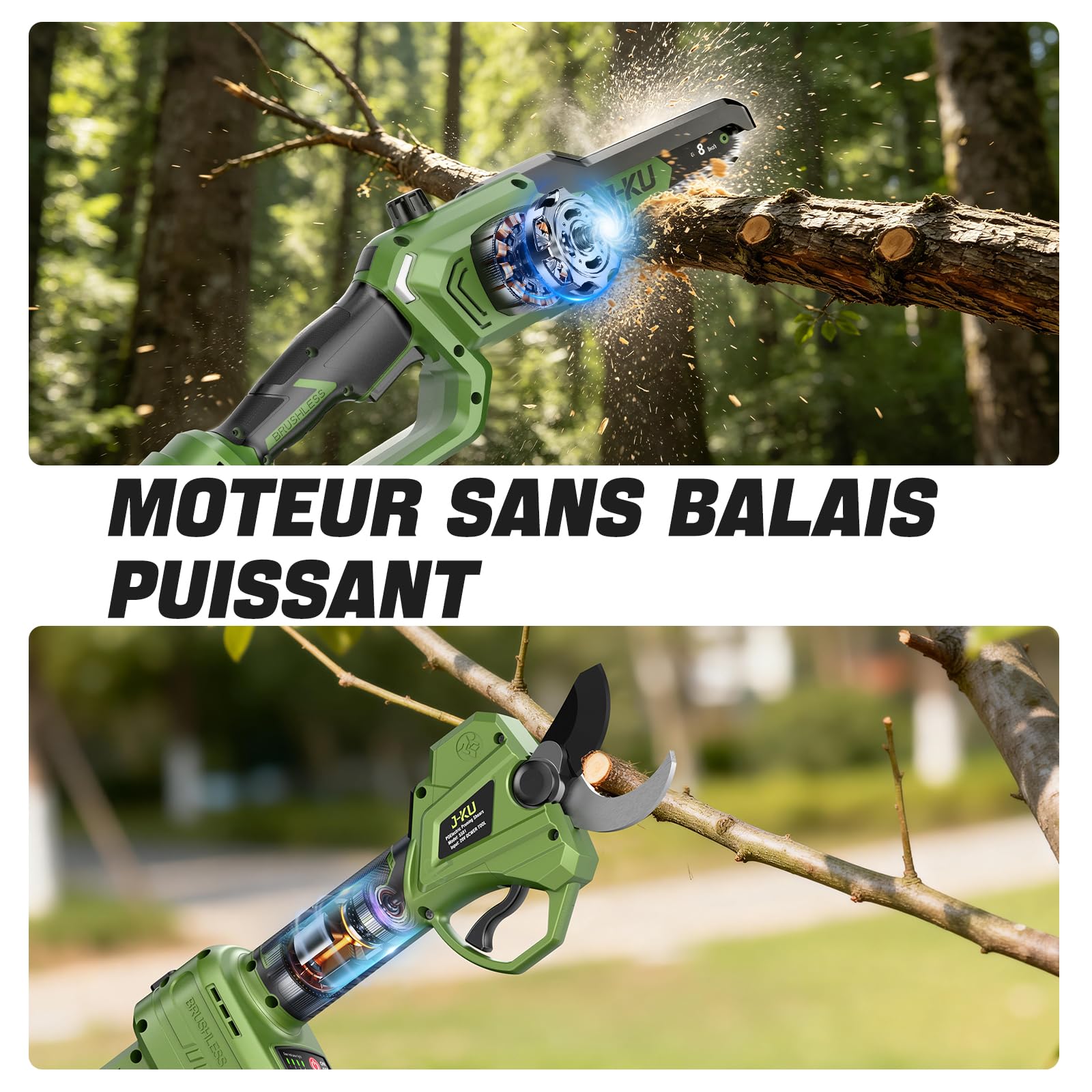 J-KU Podadora de Altura 4 en 1 a Batería, Mini Motosierra 20 cm (8") y Tijeras de Podar Eléctricas 35 mm, Pértiga Telescópica hasta 2,6 m, 2×4000 mAh, Herramientas de Jardín