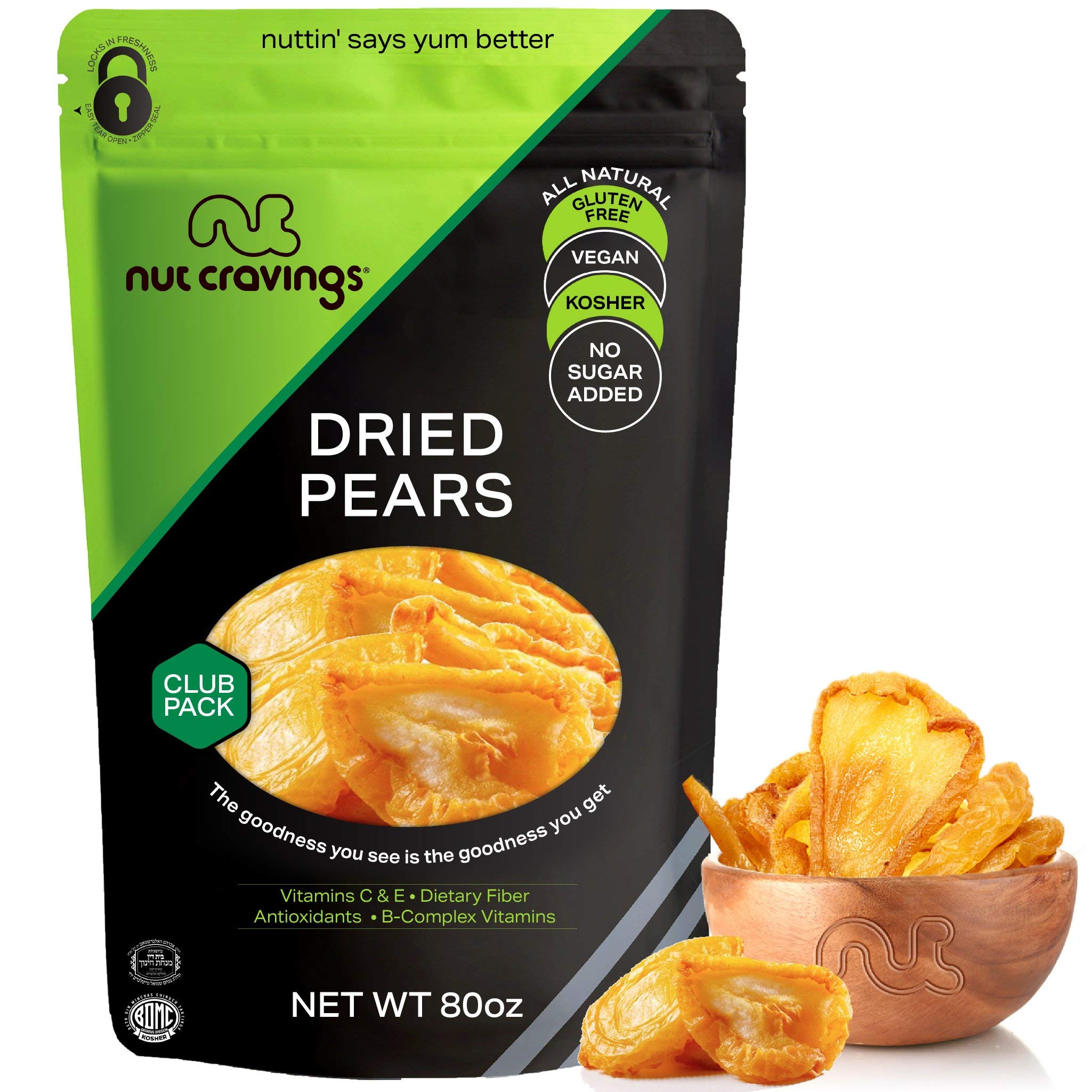 NUT CRAVINGS Dry Fruits - Sun Dried California Pears, No Sugar Added (80oz - 5 LB, Bulk) Packed Fresh in Resealable Bag - Sweet Snack, Healthy Food, Naturally Grown, Vegan, Kosher Certified