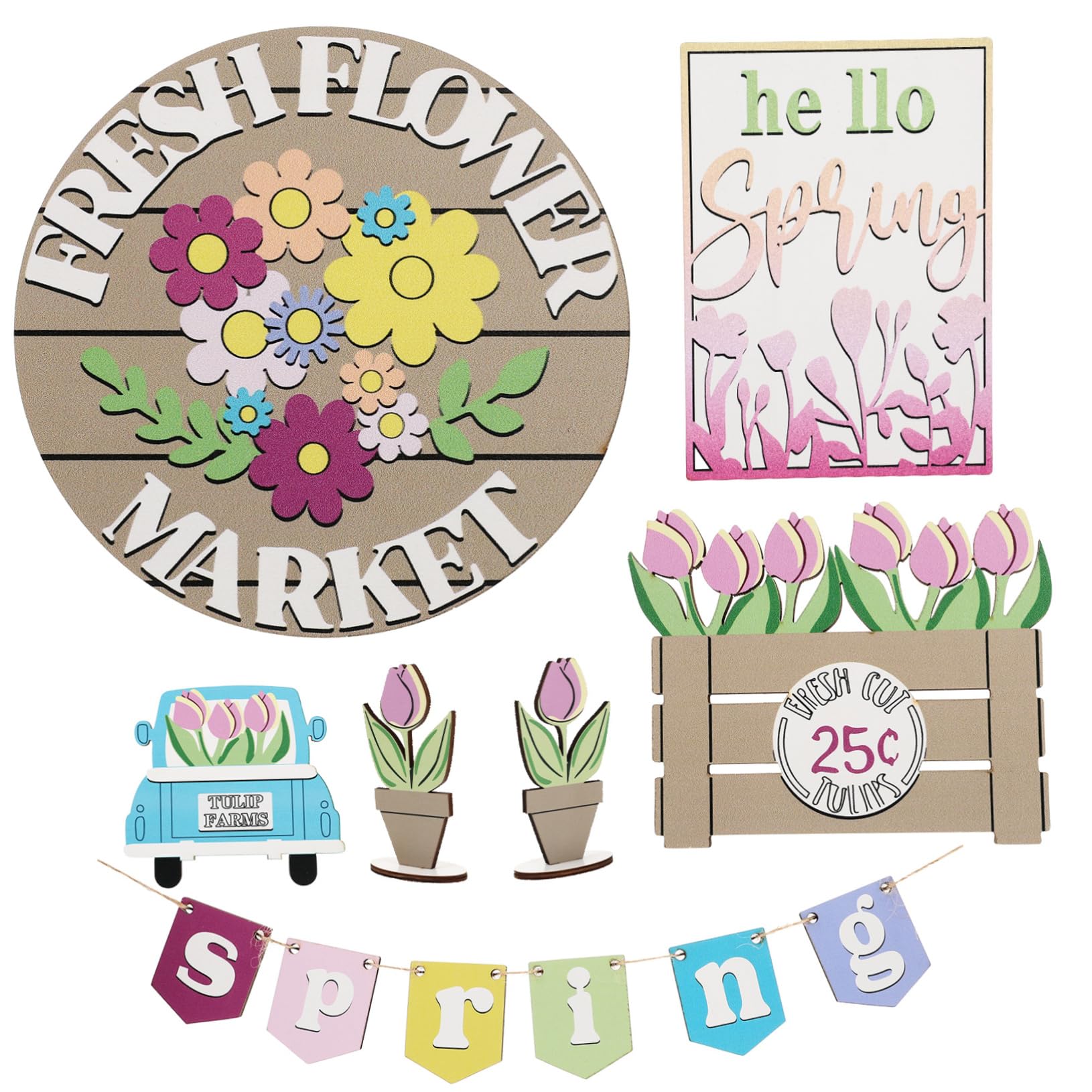 HOODANCOS Wooden Signs Spring Element Flower Farmhouse Tiered Tray Rustic Tiered Tray Decor Table Adornment
