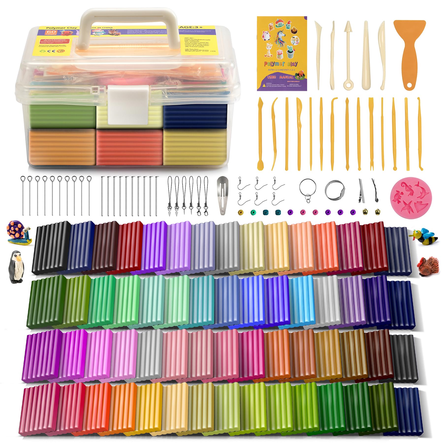 Polymer Clay 60 Colors, Modeling Clay for Kids DIY Starter Kits, Oven Baked Model Clay, Non-Toxic, Non-Sticky,with Sculpting Tools, Gift for Children and Artists.