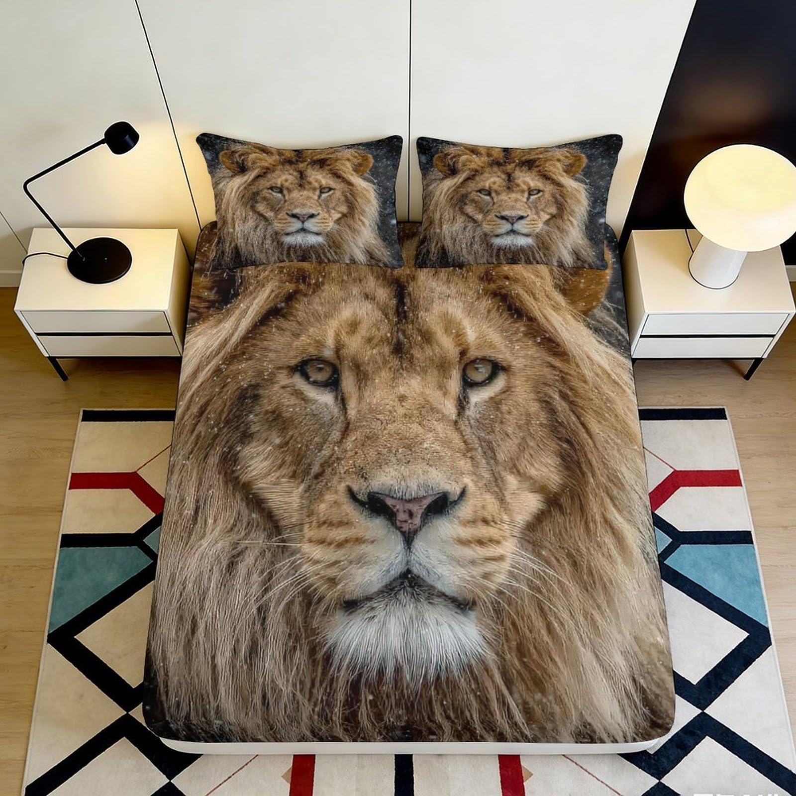 3D Printed Lion Face Fitted Sheet Microfiber Soft Animal Pattern Mattress Cover for Bedroom Dorm Decorative Use 90x200x25cm