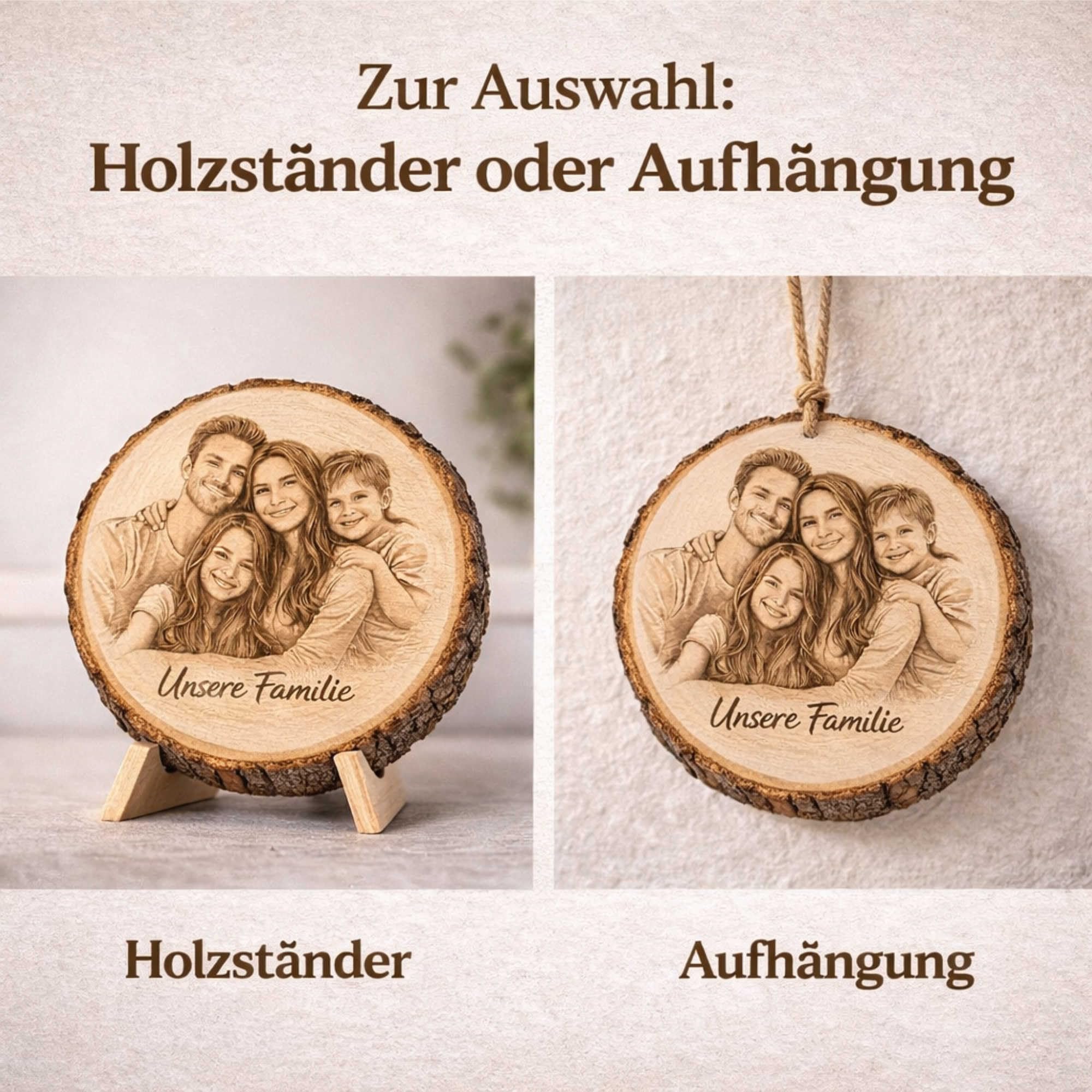 Personalisierte Holzscheibe mit Foto und Wunschtext 20-23 cm gravierte Baumscheibe aus Erlenholz mit Rinde Fotogravur auf Holz