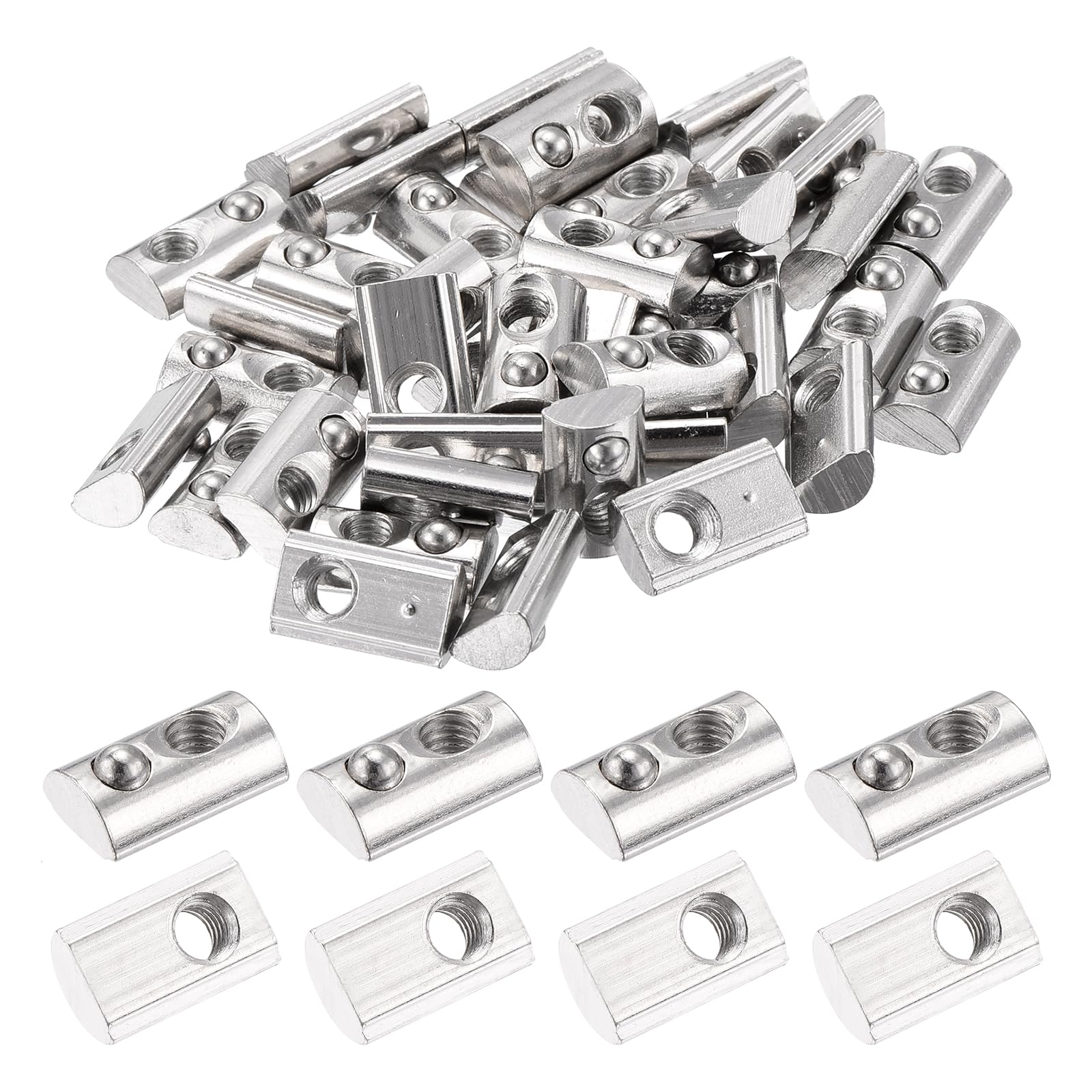 sourcing map 50Pcs M4 T Spring Nut Fastener Carbon Steel Nickel Plated Half Round Roll in Spring T Slot Nut for t-Slot Aluminum Profile 3D Printer, CNC Router 2020 Series
