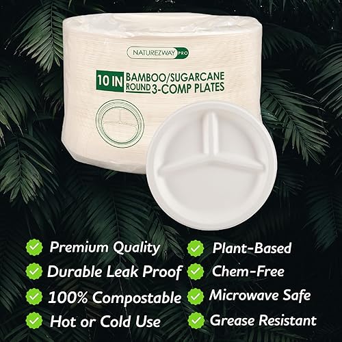 Miniatura 2 de Platos redondos de 10 pulgadas (paquete de 500) vajilla de bambú y caña de azúcar de calidad prémium de grado restaurante, ecológico, compostable,