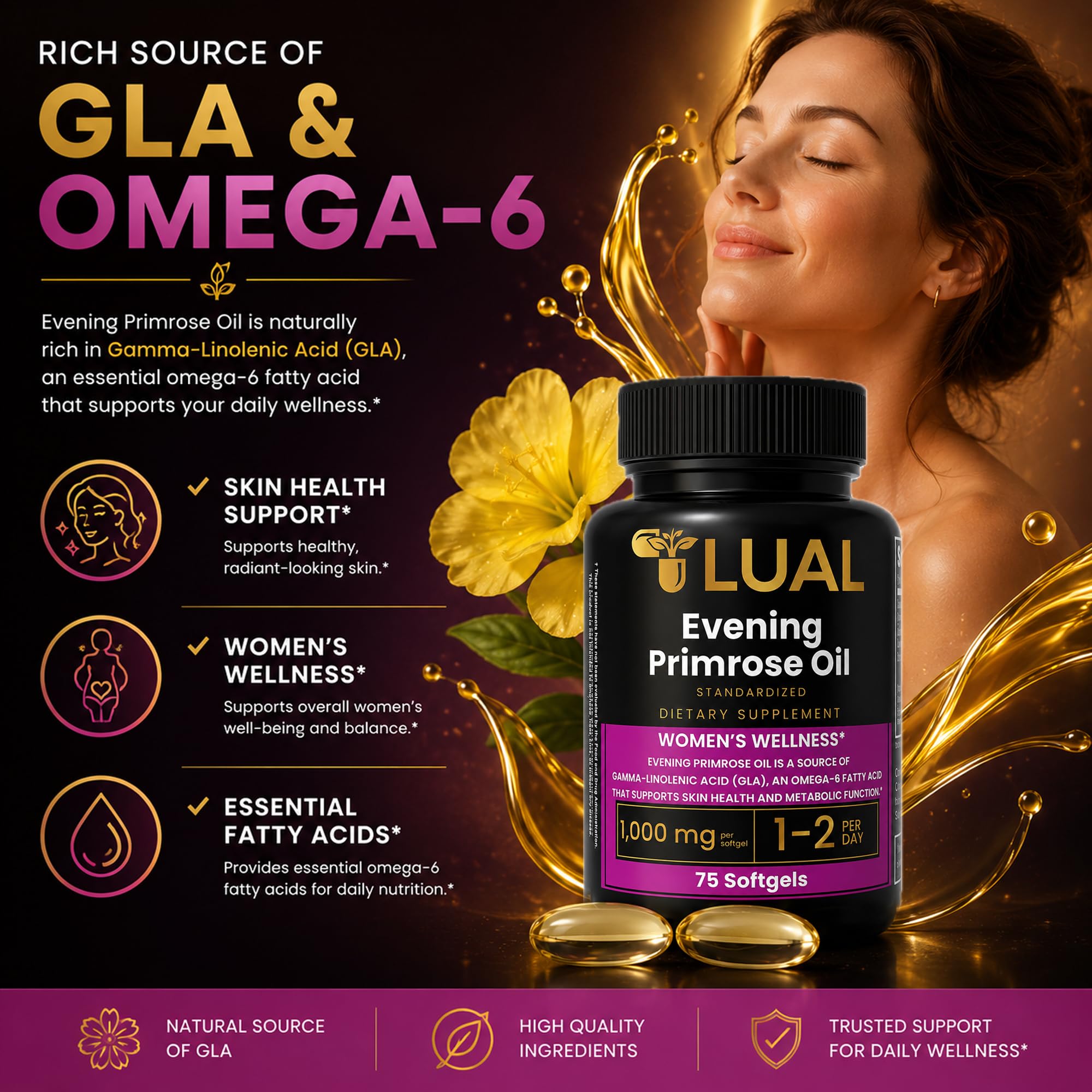 LUAL Evening Primrose Oil for Women with GLA • Aceite de Onagra 1000mg — Amazon image 7