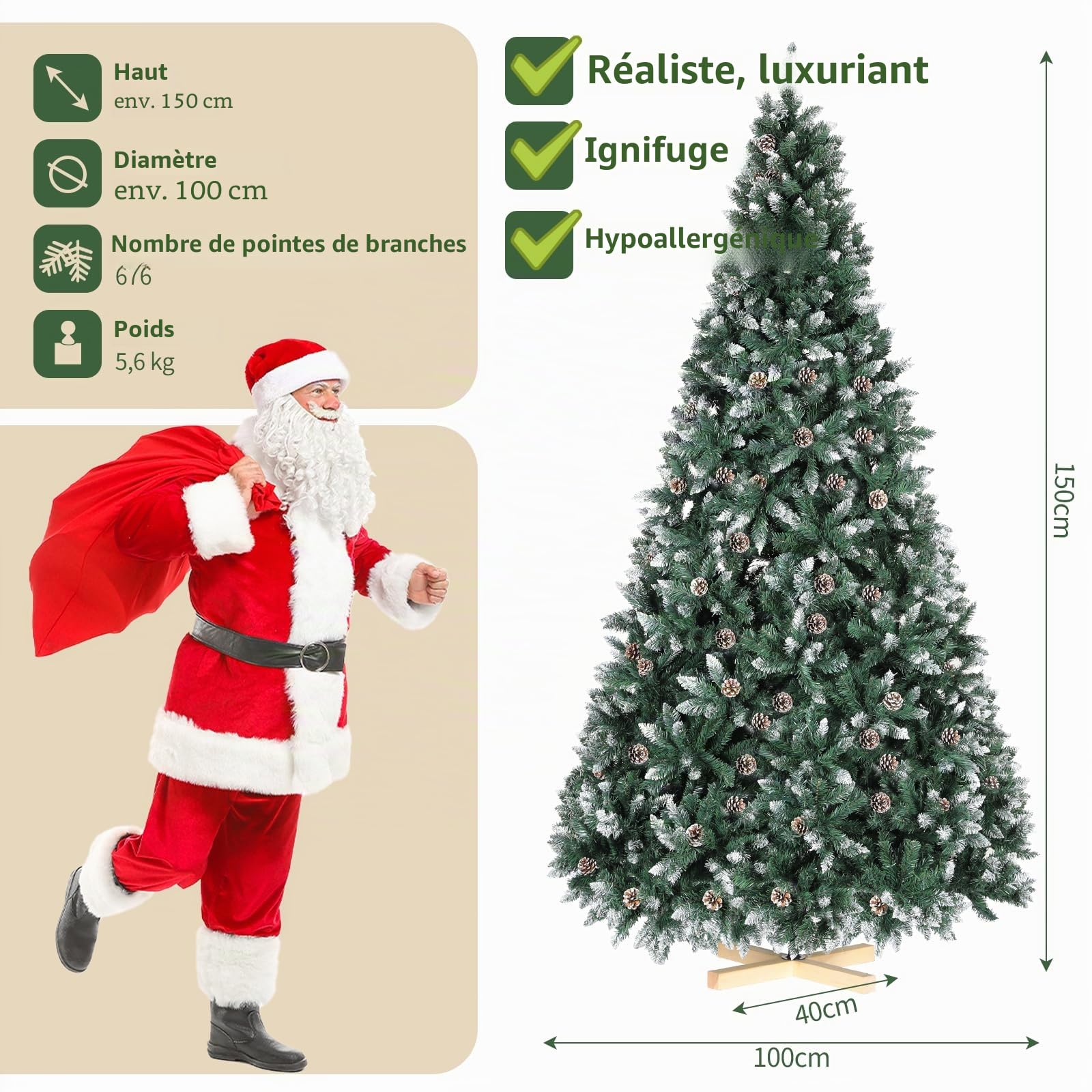 LIFERUN Sapin de Noël Artificiel 150cm, Sapin Nordmann Premium, Arbre de Noël Artificiel avec Neige Artificielle et 28PCS Vrais Cônes, 676 Branches, Aspect Hivernal, Socle en Bois, pour Noël