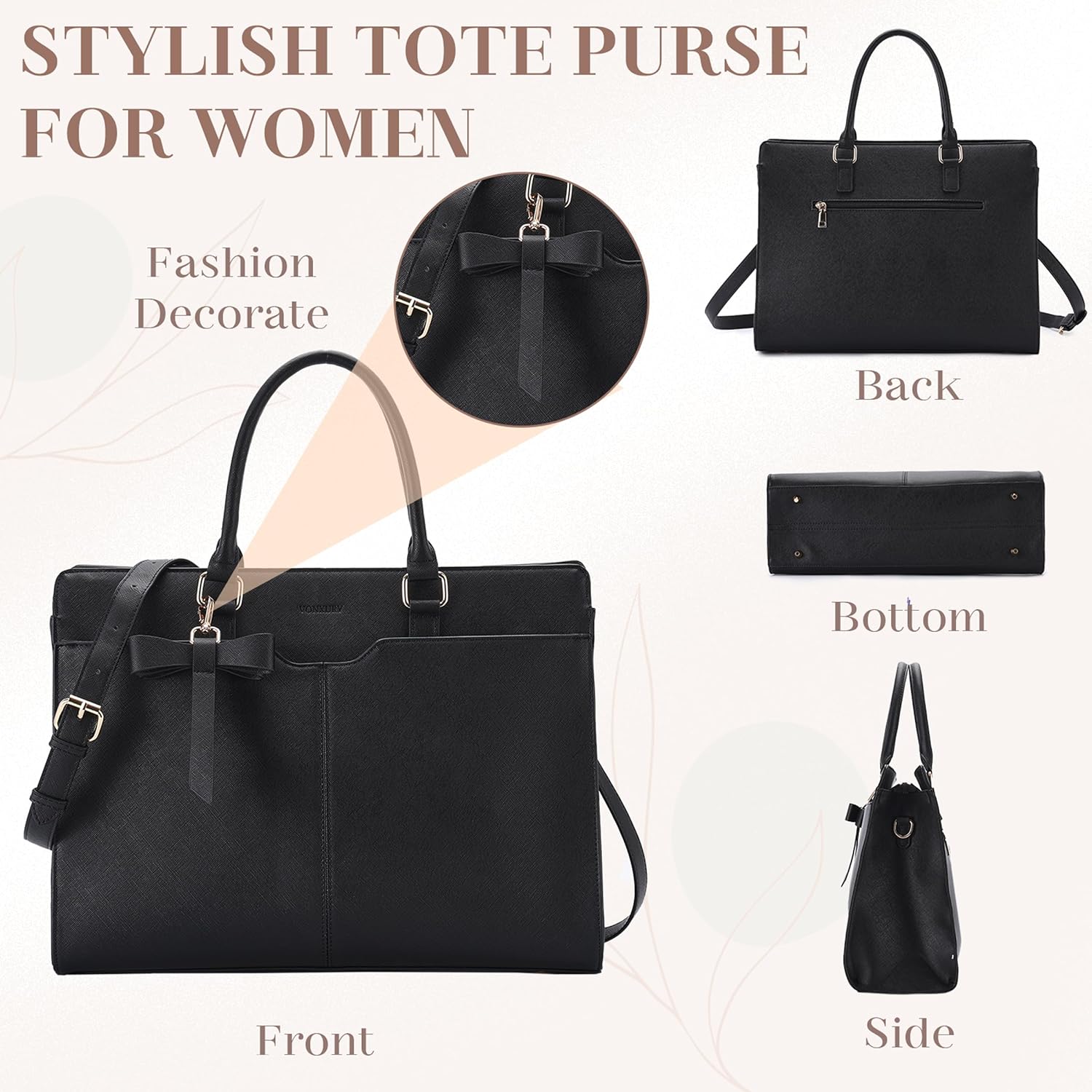 VX VONXURY Laptop Bag for Women Tote Bag for 15.6 inch Casual Handbag with Clutch Purse for Business Office Work, Black