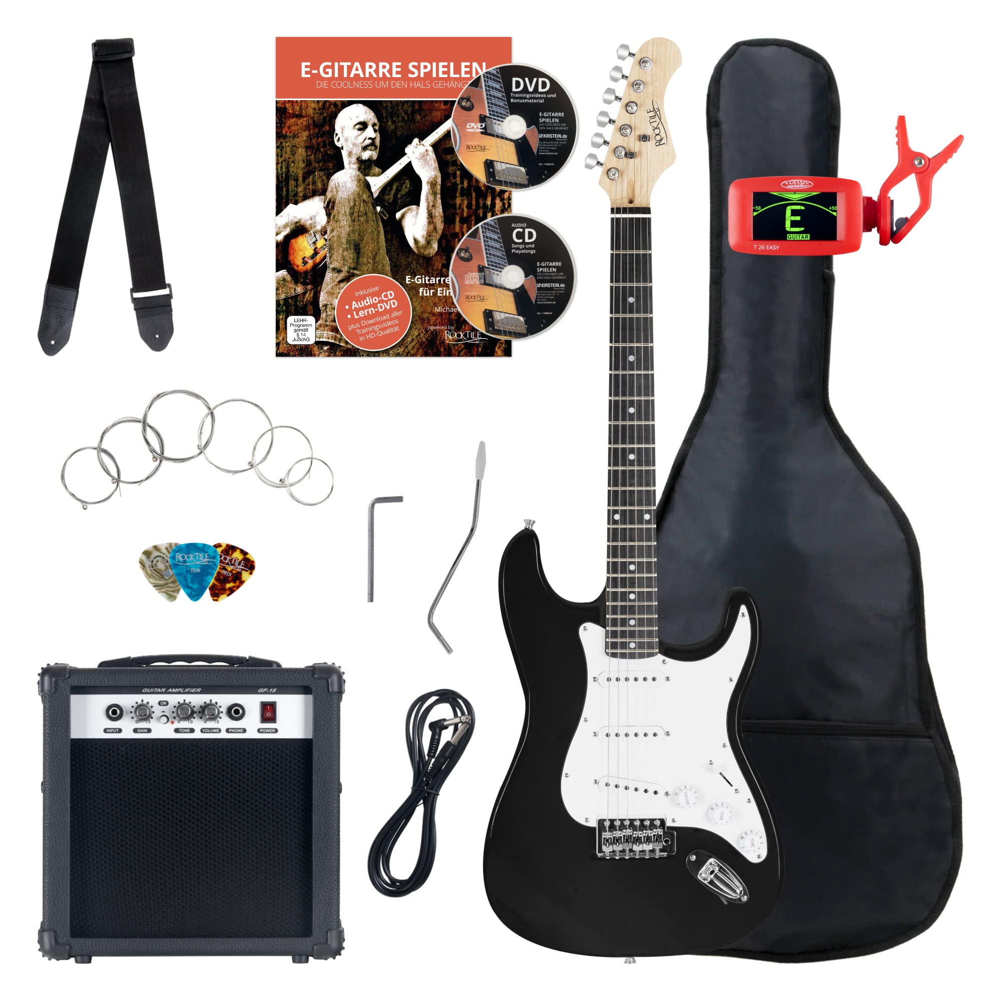 Rocktile ST-Pack Komplettset E-Gitarre Black (Verstärker, Stimmgerät, Tremolo, Tasche, Kabel, Gurt, Plecs, Ersatzsaiten und Schule mit CD/DVD)