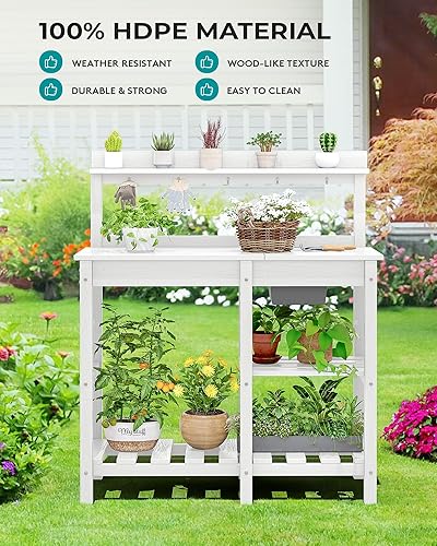 Miniatura 6 de SERWALL Banco de macetas para exteriores con fregadero extraíble, mesa para macetas de polietileno de alta densidad resistente a la putrefacción