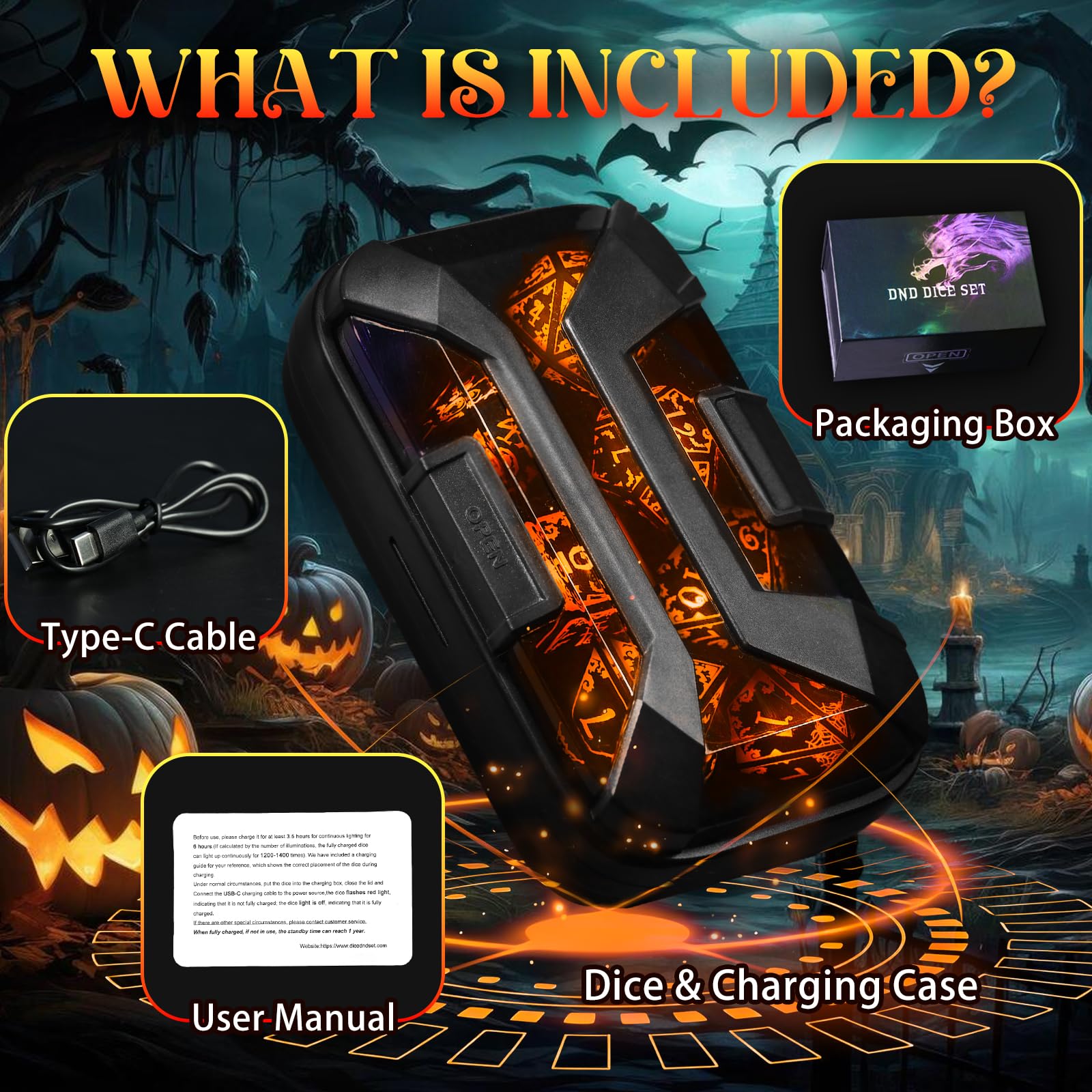 FONVGOGO Juego de dados DND con luz LED, recargables, poliédricos, con estuche de carga para juegos de mesa de Dungeons and Dragons (Pumpkin Orange)