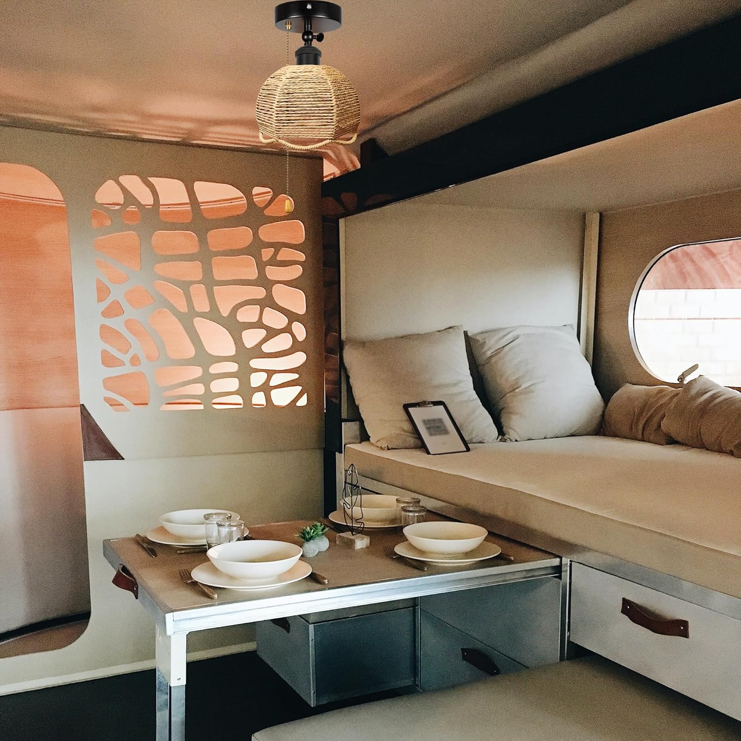 Gimbaled Wall Light, Zipper Switch 12V RV Woven Natural Boho Hollow-Carved Designed Rattan Globe, Replaceable 2700K Bulb Included Semi Flush Mount Interior Lighting Decorative for Camper