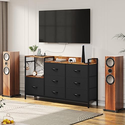 Miniatura 2 de YITAHOME Soporte de TV con estación de carga, cómoda de 9 cajones para TV de 55 pulgadas, soporte negro con bolsillos laterales, tela para sala de A