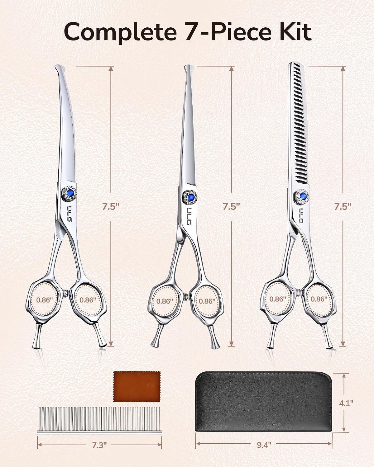 ULG 7.5in 3‑Piece Shears Set (Curved/Straight/Snag‑Free), Pouch