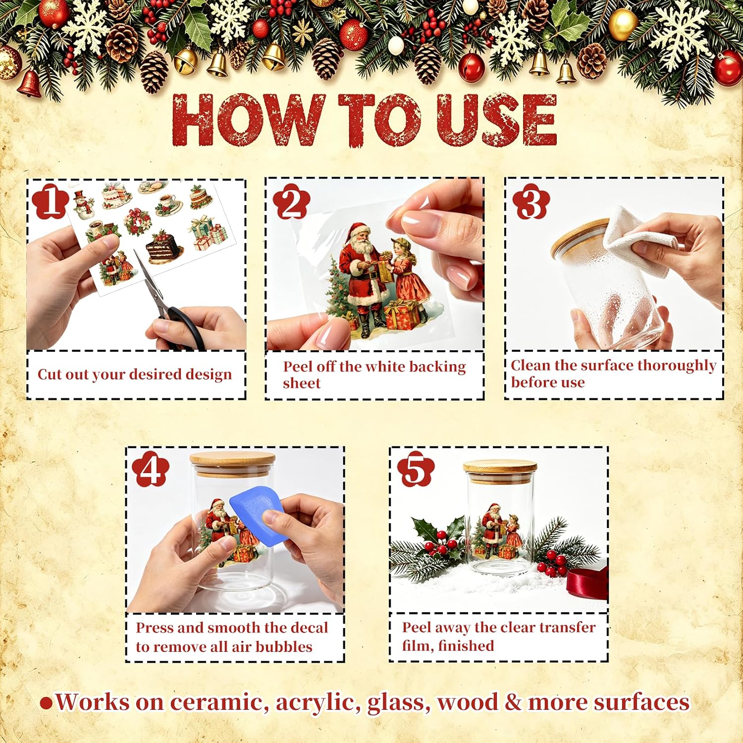 80Pcs Christmas Rub On Transfers for Crafts Vintage Decals for Ornaments