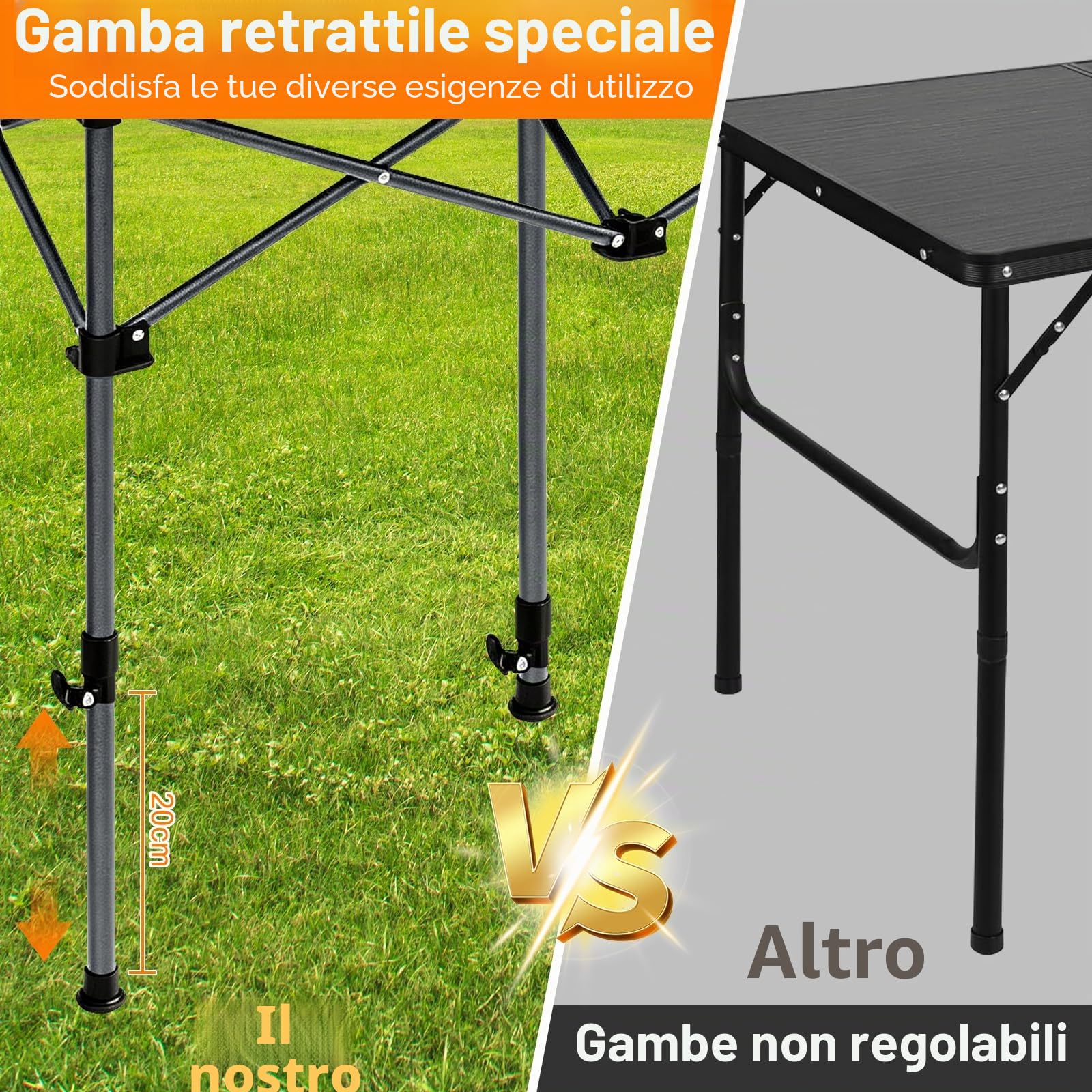 Tavolo da Campeggio Pieghevole 95 x 55 cm, Tavolino Portatile Pieghevole Altezza Regolabile 50-80 cm, Peso Massimo 60 kg da Giardino Picnic Barbecue Pesca