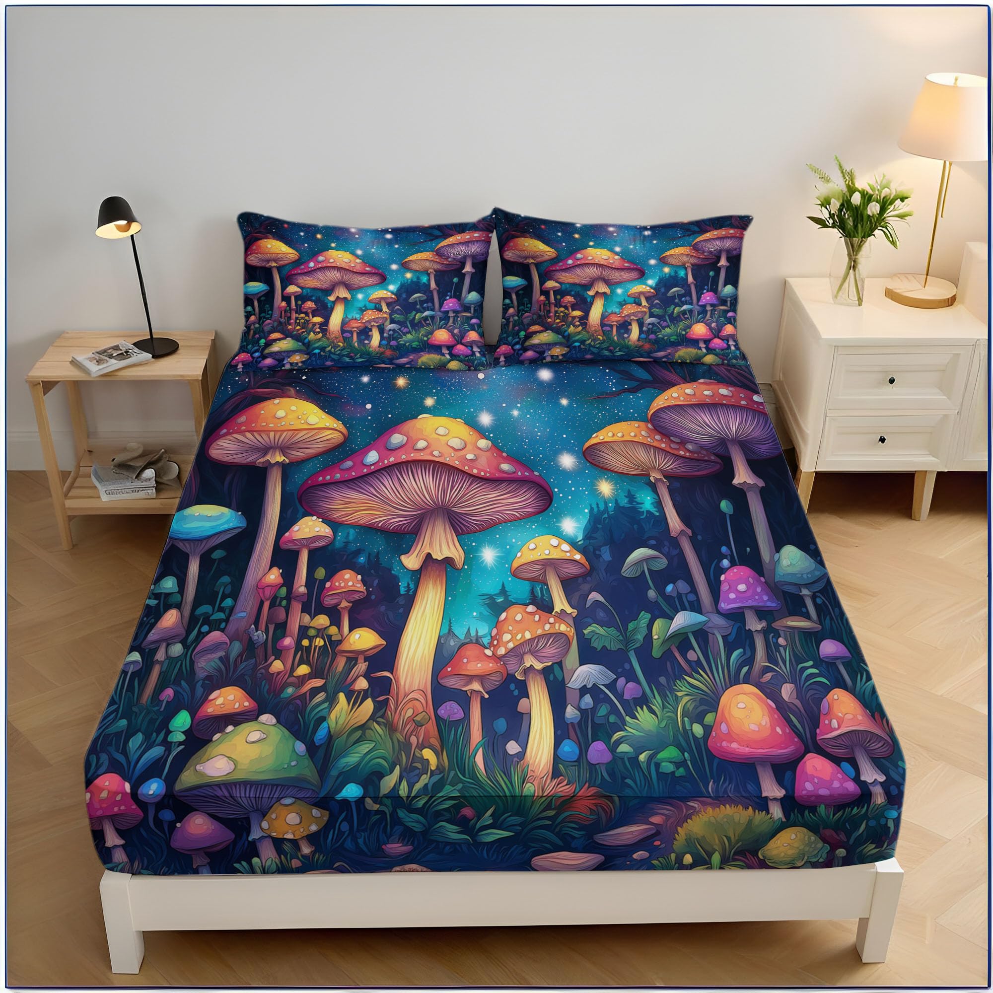 Drap housse 200x200cm ciel étoilé champignon bleu avec élastique intégral et bonnet de 30cm