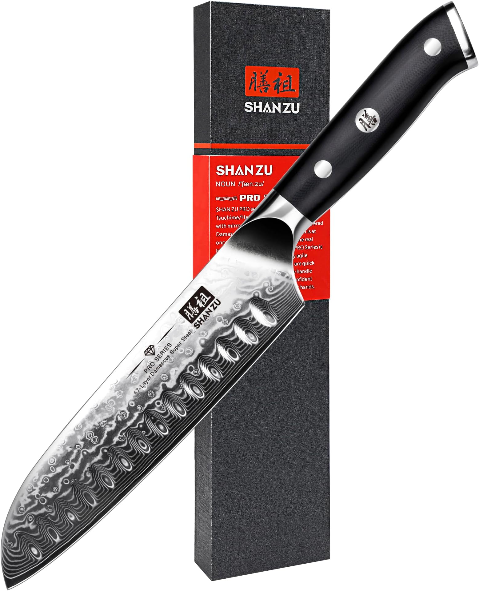 SHAN ZU Kitchen Santoku Knife 7 Inch Professional Damascus Knife 67 Layers Japanese Chef Knife Ultra Sharp High Carbon Super Steel Kitchen Utility Knives with G10 Handle