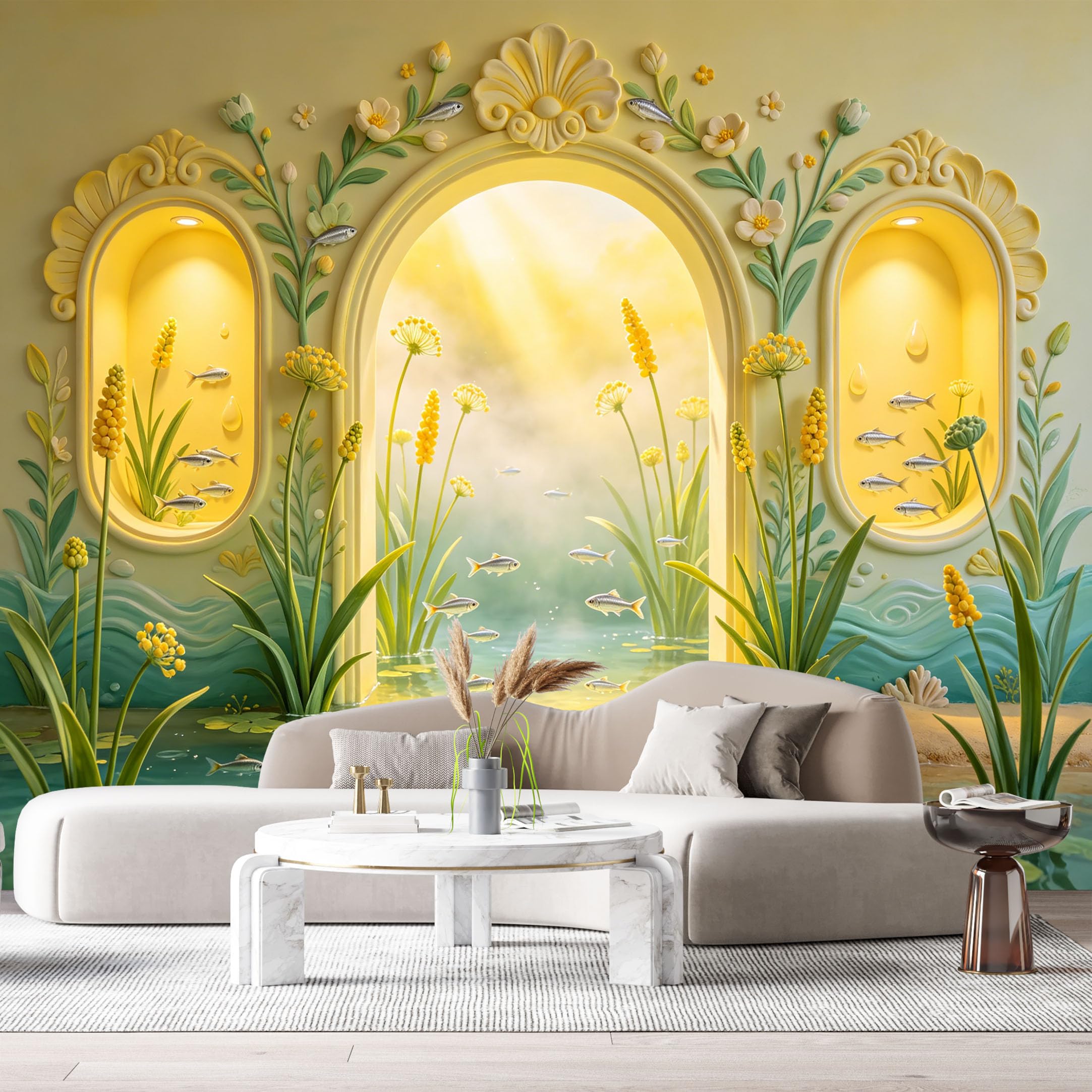 Custom Size Wall Murals Surreal Underwater Architecture Ocean Marine Pastel Floral 3D Trompe L'Oeil SelfAdhesiveWall Fabric Removable Wallpaper Wall Decor for Living Room Bedroom Bathroom