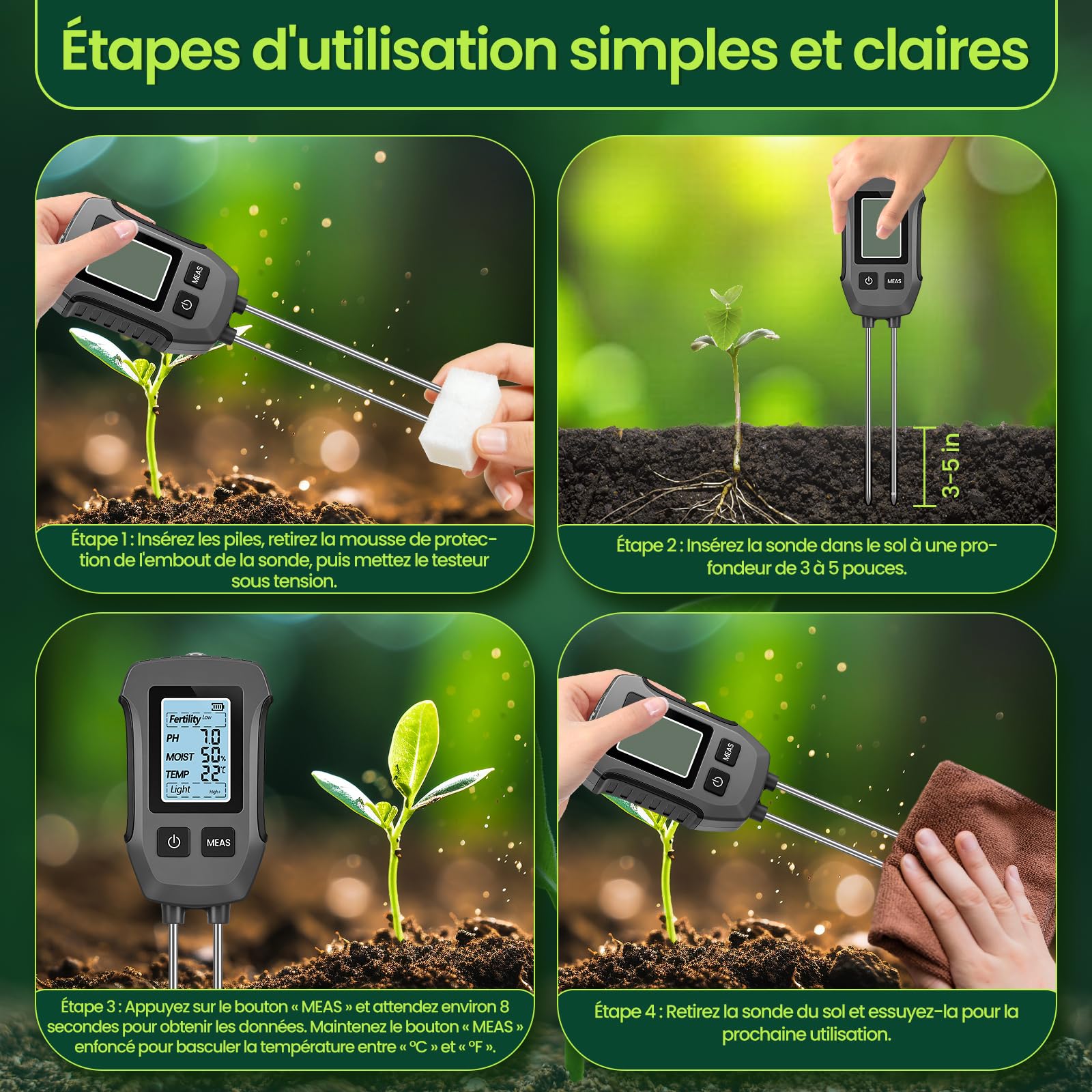 FORMIZON Testeur Humidité Plante 5 en 1, Atesteur pH Sol pour Le pH/la Fertilité/l'Humidité du Sol/la TempéRature/L'Ensoleillement, avec Écran LCD Éclairé Humidimètre pour Jardin et Pelouse