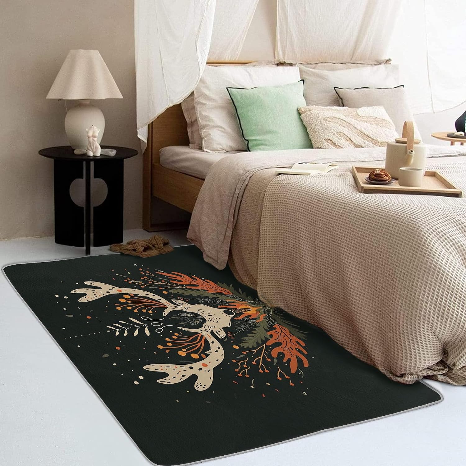 Generic Deer Rugs for Living Room - 2x3 Rug - Deer Rug - Deer Head Flora Leaf Area Rug - Flower Leaves Rugs - Black Carpet