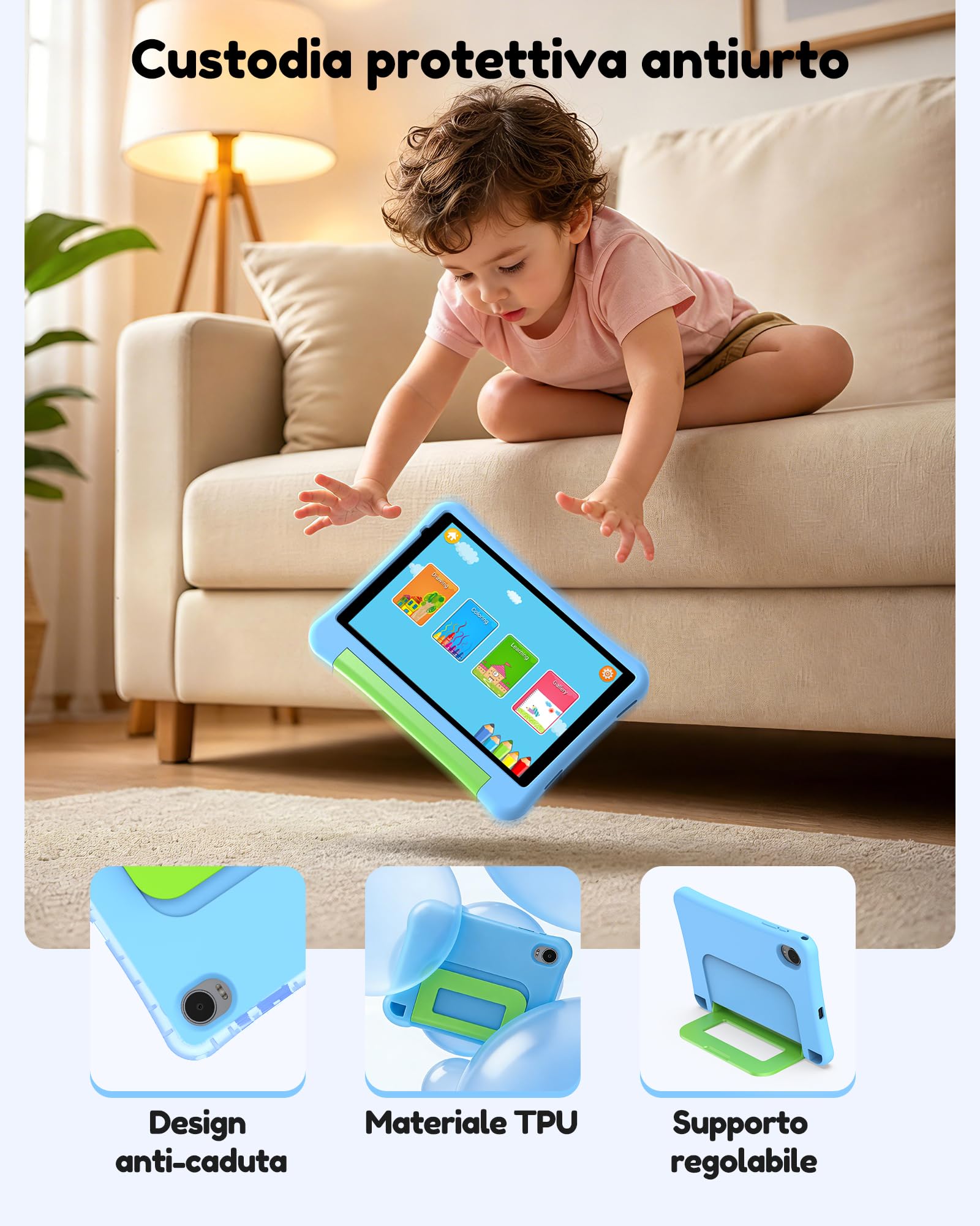 ALLDOCUBE Kido Tablet Per Bambini 8 Pollici, Android 15 Go, 32GB ROM, Blu | Controllo Parentale, iWaWa preinstallato, 512GB TF, Unisoc T310, 5000mAh, 2 Altoparlanti, Jack 3,5mm, Cover Anticaduta