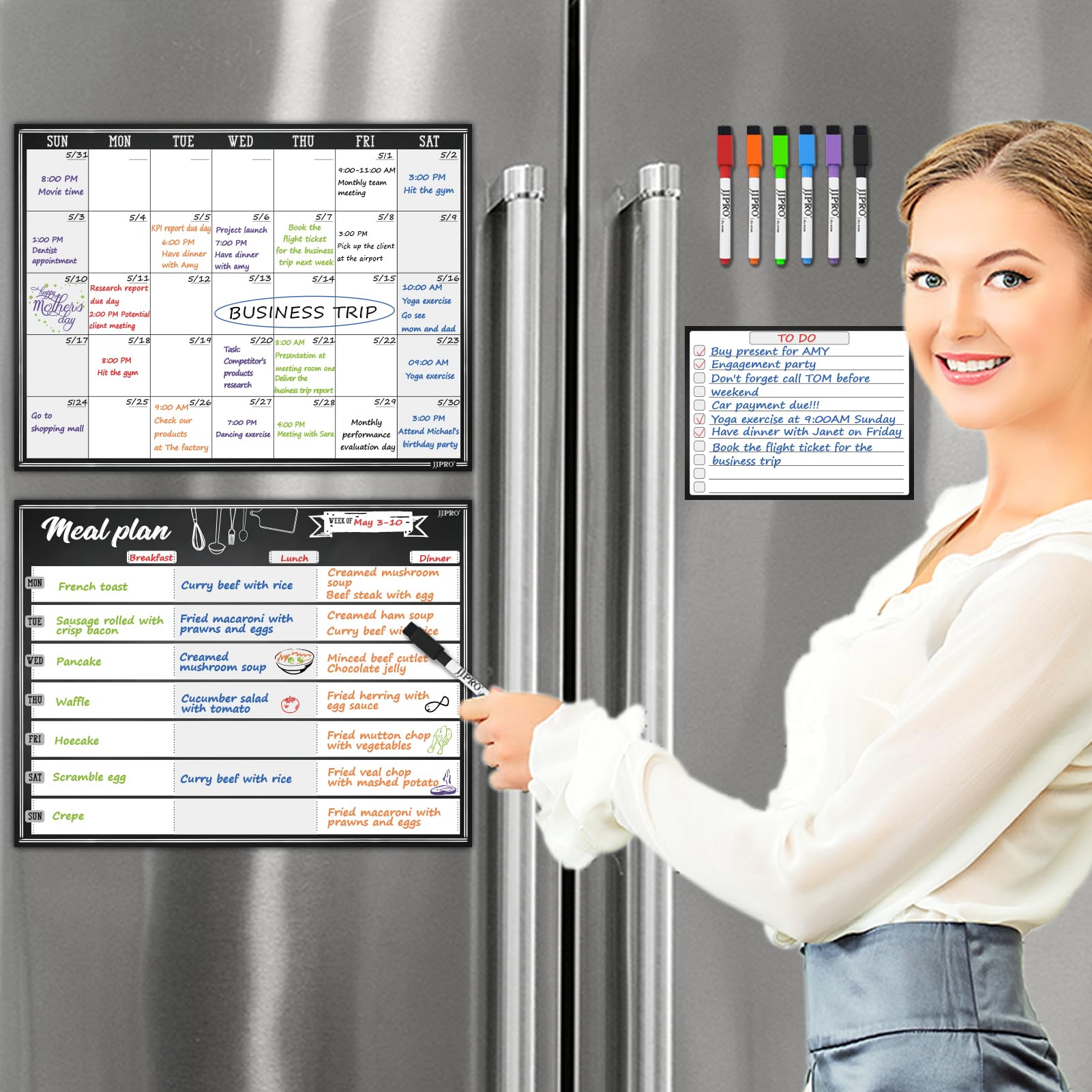 JJPRO Magnetic Monthly Calendar and Meal Planning Board Set for Fridge-Dry Erase Monthly Calendar for Refrigerator, Menu Whiteboard -Bonus to-do Notepad