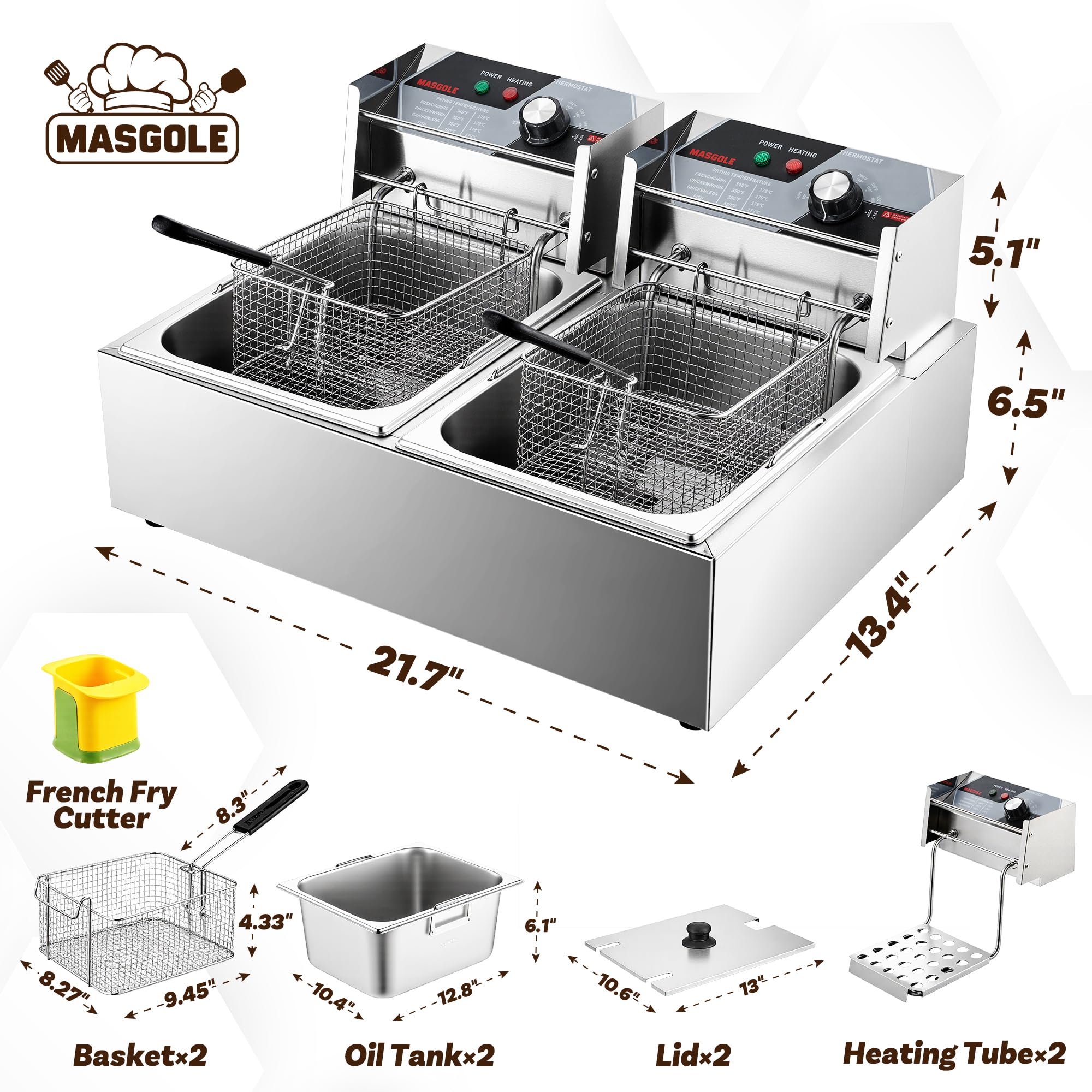 Freidora comercial con cesta, 21.2QT 3400 W de acero inoxidable grande freidora eléctrica para encimera para uso doméstico y restaurante, 20 L